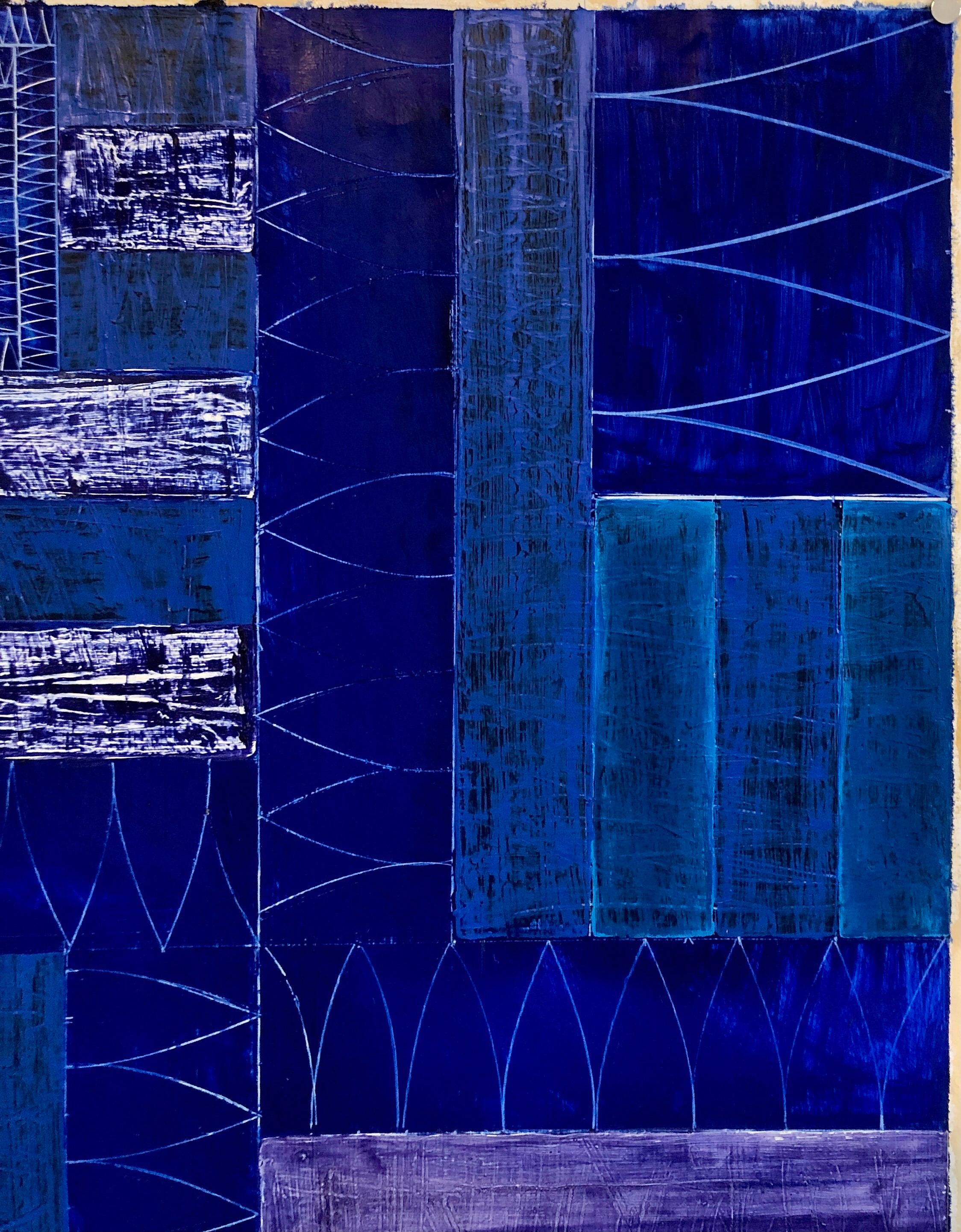 Joan Kahn Indigo Denim Blue Color Abstract Expressionist Modernist Oil Painting For Sale 1