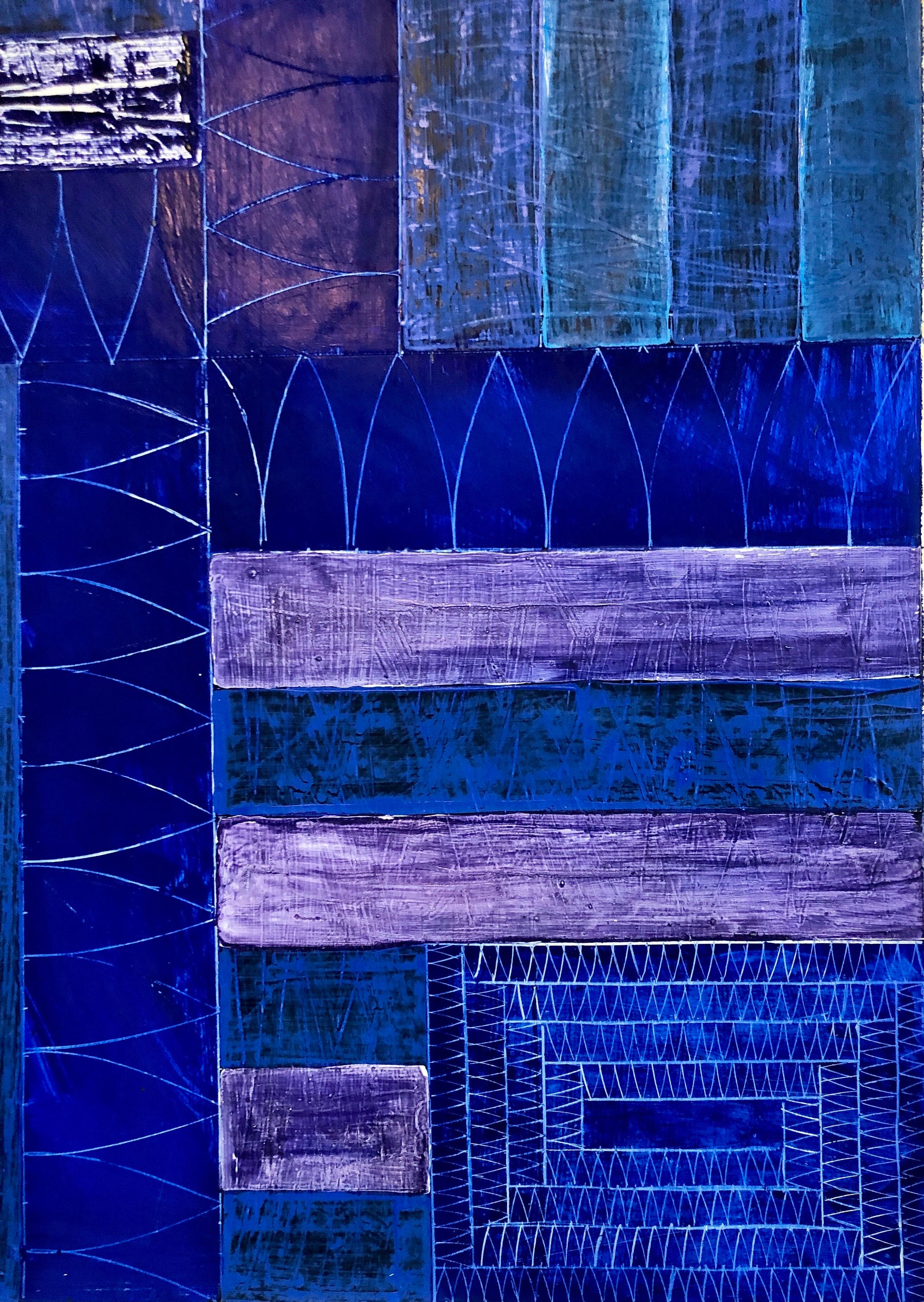 Joan Kahn Indigo Denim Blue Color Abstract Expressionist Modernist Oil Painting For Sale 1
