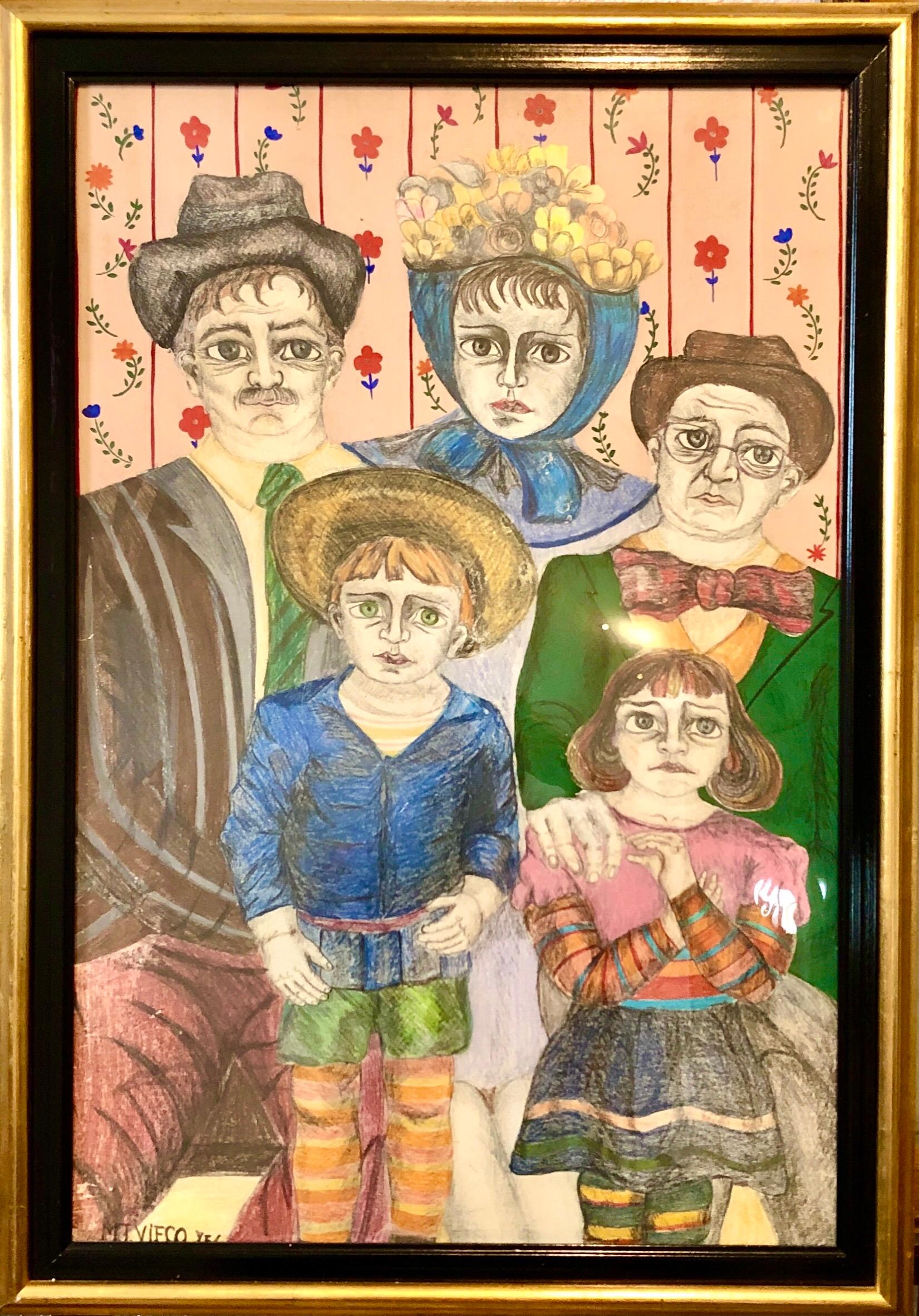 Latin American Folk Art Family Portrait Colombian Naive Painting, Color Drawing