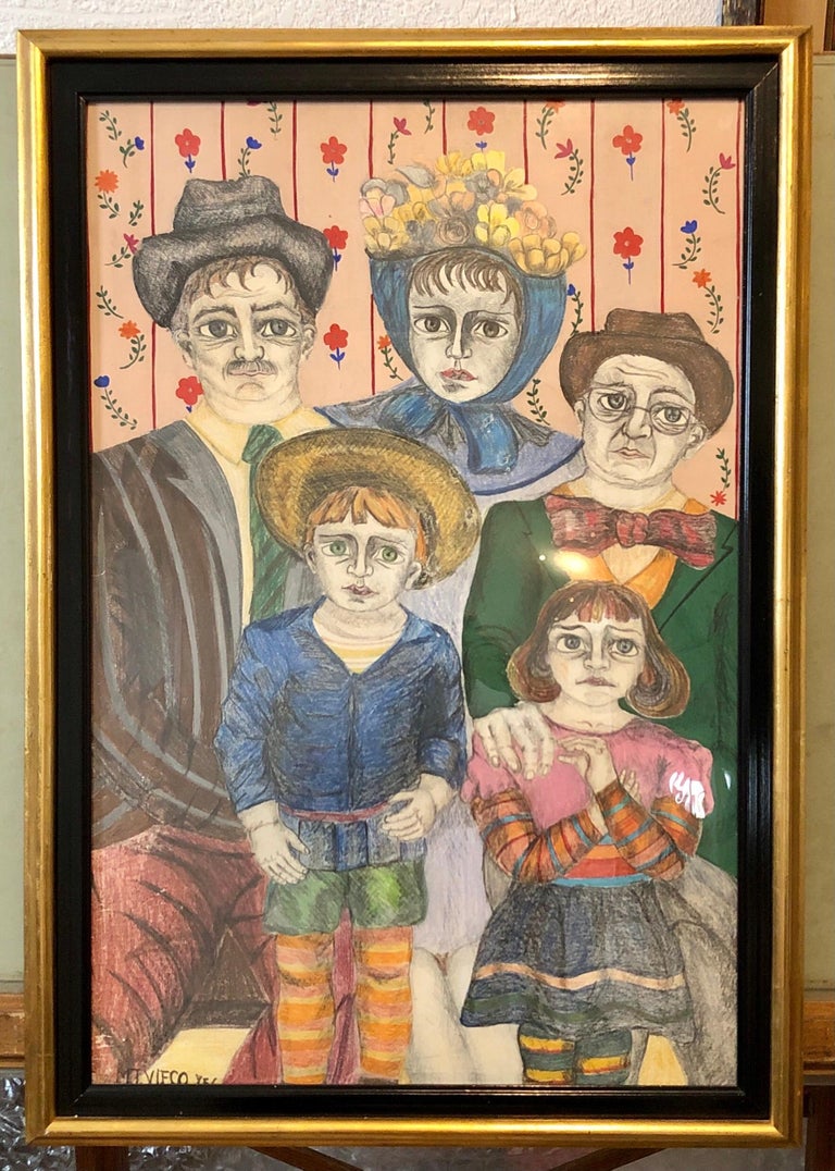Latin American Folk Art Family Portrait Colombian Naive Painting, Color Drawing For Sale 7