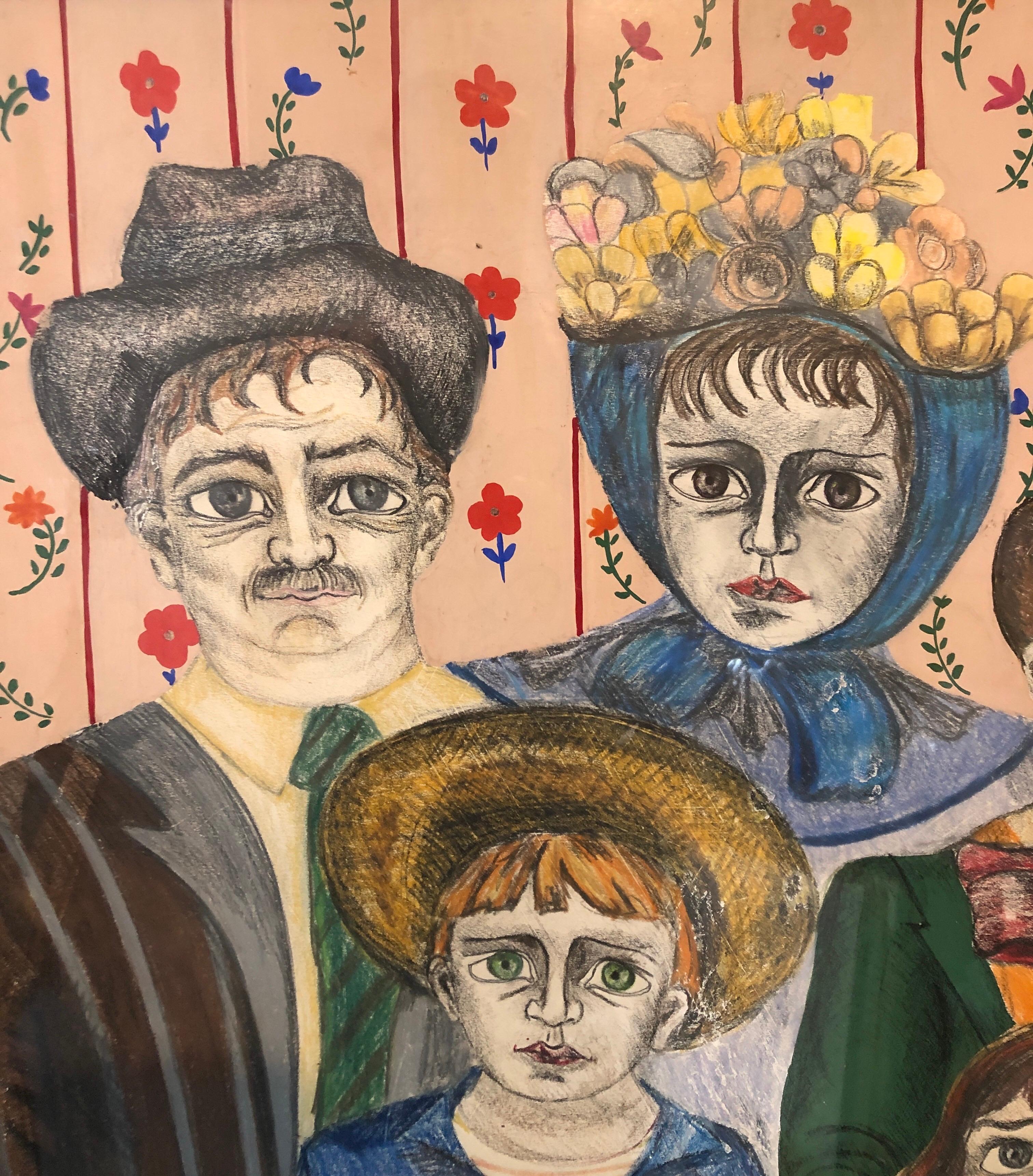 Latin American Folk Art Family Portrait Colombian Naive Painting, Color Drawing For Sale 4