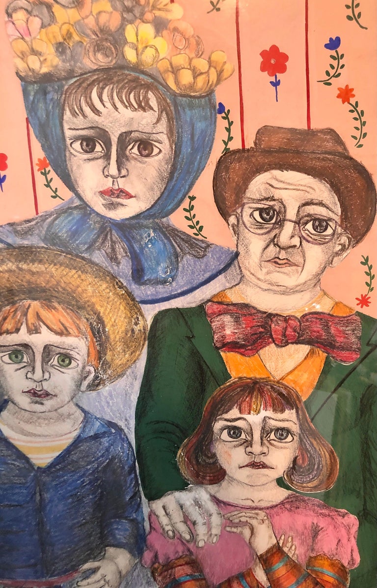 Latin American Folk Art Family Portrait Colombian Naive Painting, Color Drawing For Sale 5