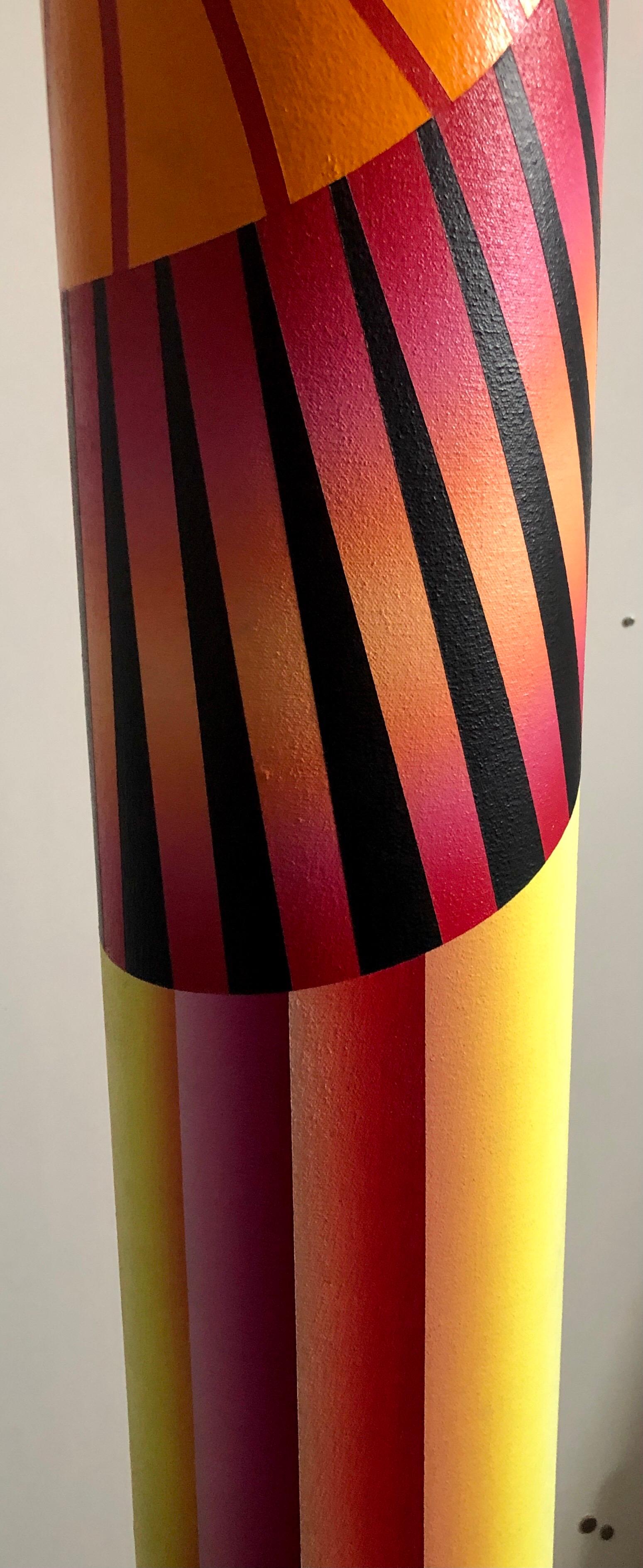 George Snyder
Acrylic painting on canvas tubular sculpture
Abstract composition of blue, purple, orange, red, yellow, and black geometric shapes on rolled canvas tube. 
Signed, dated, and titled 