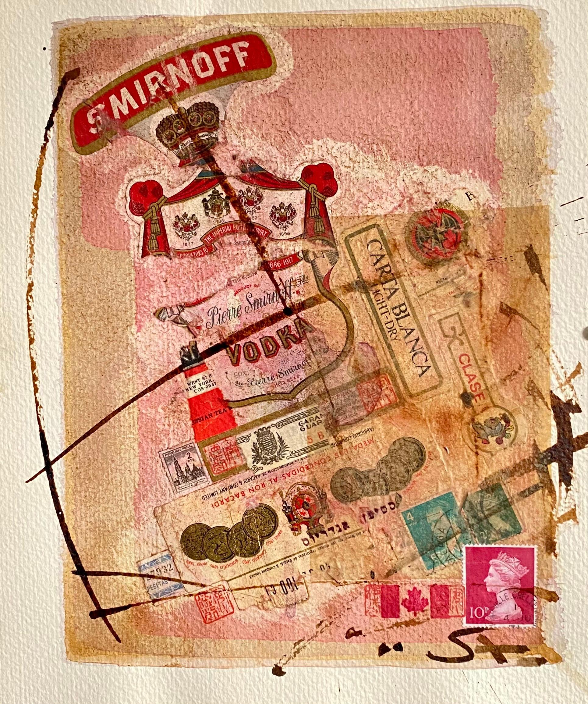 Stephen Andrews Abstract Drawing - Canadian Art MIxed Media Collage Assemblage Painting Hebrew Stamp Smirnoff Vodka