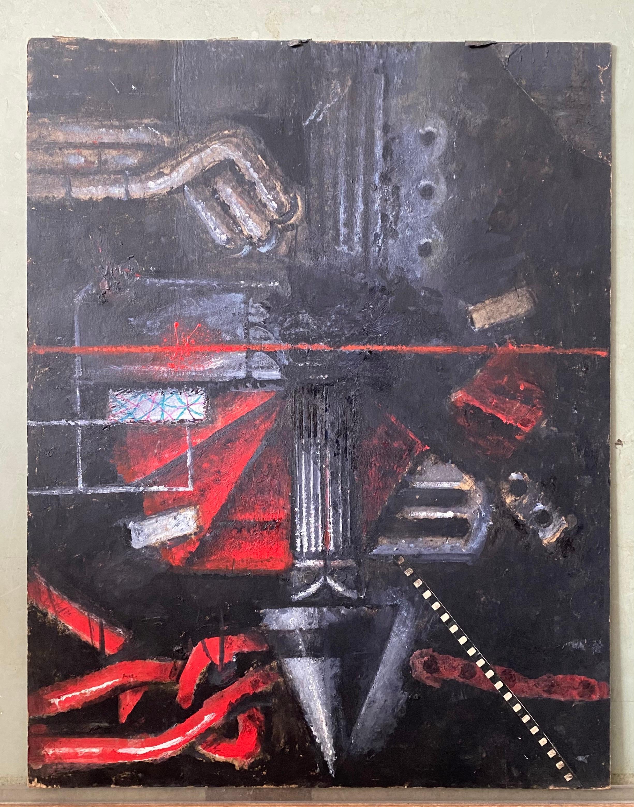 Peinture à l'huile - Collage de techniques mixtes - Art expressionniste abstrait futuriste - Art de la machine en vente 1