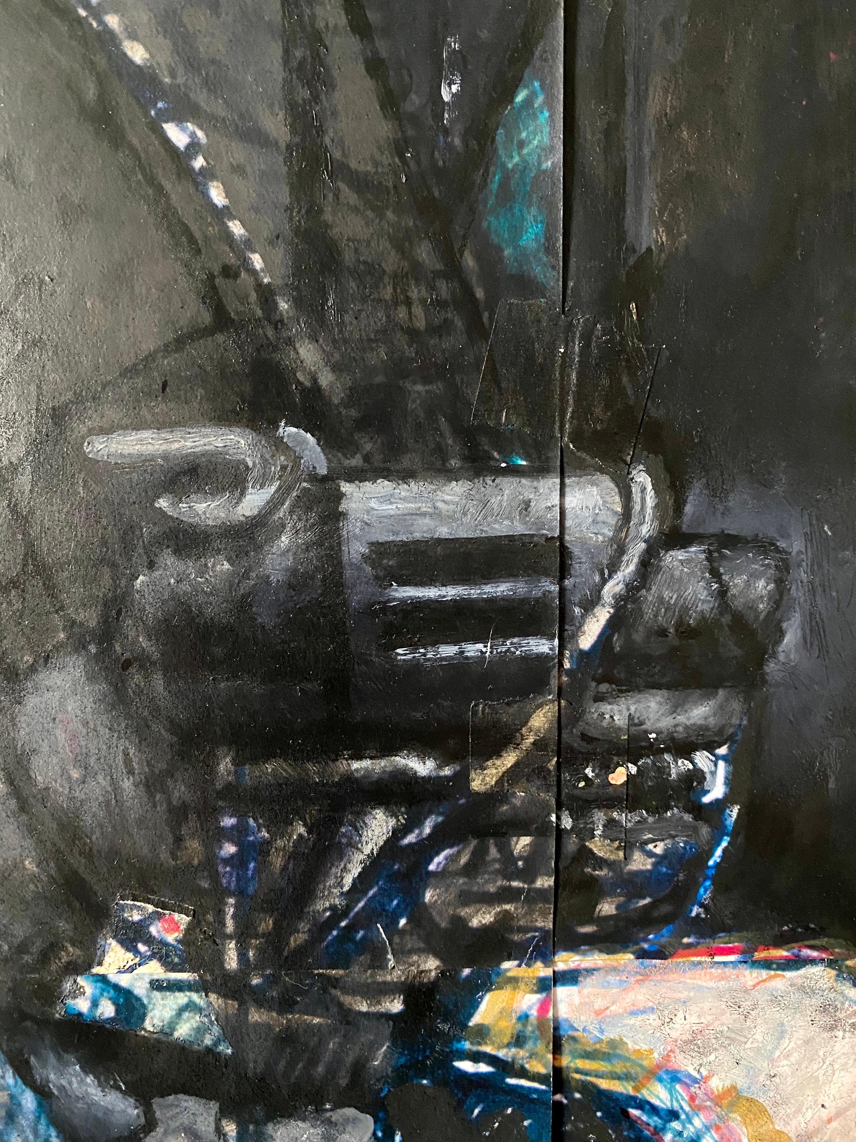 Mixed Media Collage Oil Painting Futuristic Abstract Expressionist Machine Art - Black Abstract Painting by Nick de Angelis