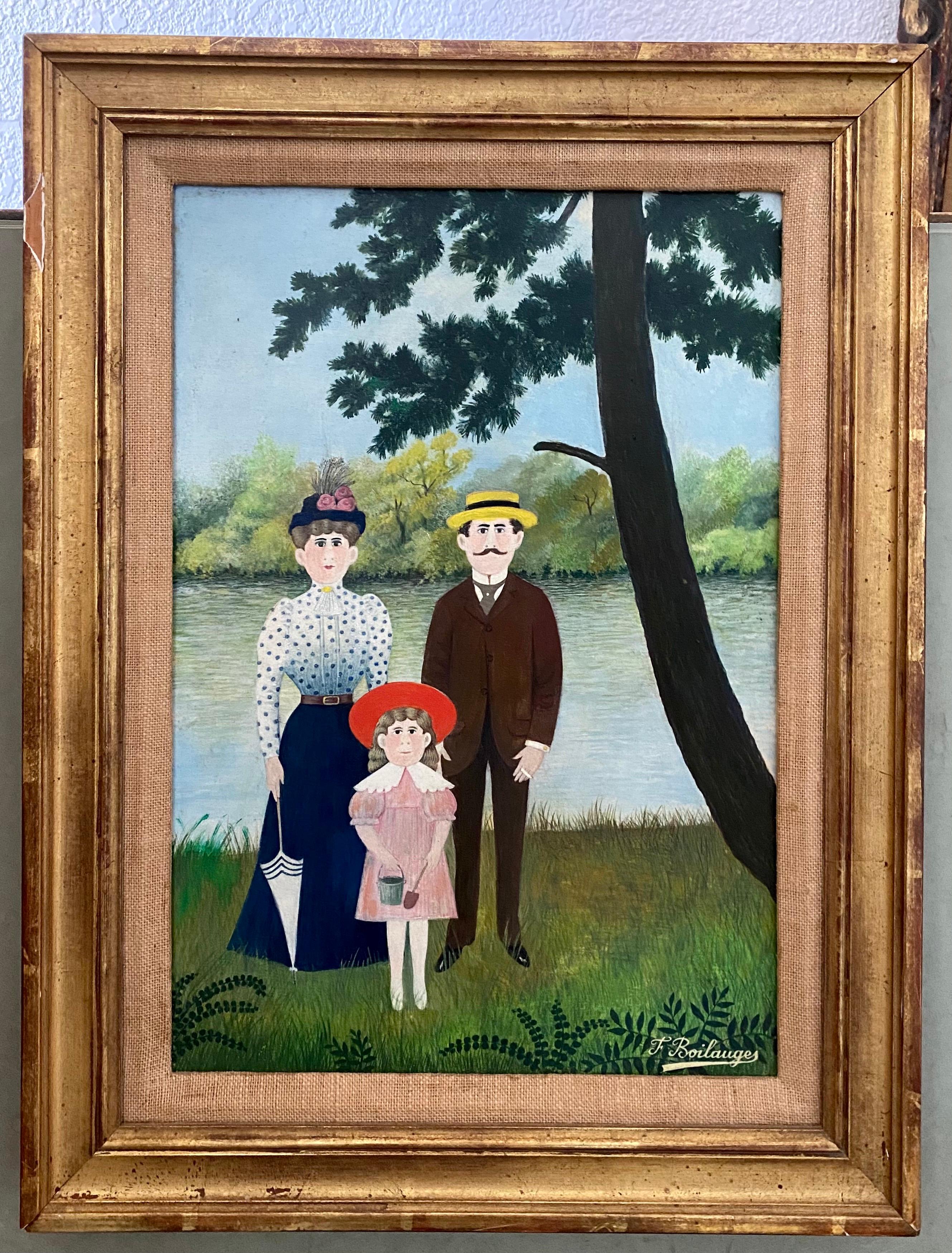 Fernand Boilauges - French Folk Art, Naive, Primitive, Oil Painting "Family  Outing" F. Boilauges For Sale at 1stDibs | french primitive painters