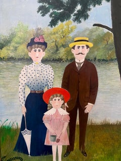 French Folk Art, Naive, Primitive, Oil Painting "Family Outing" F. Boilauges