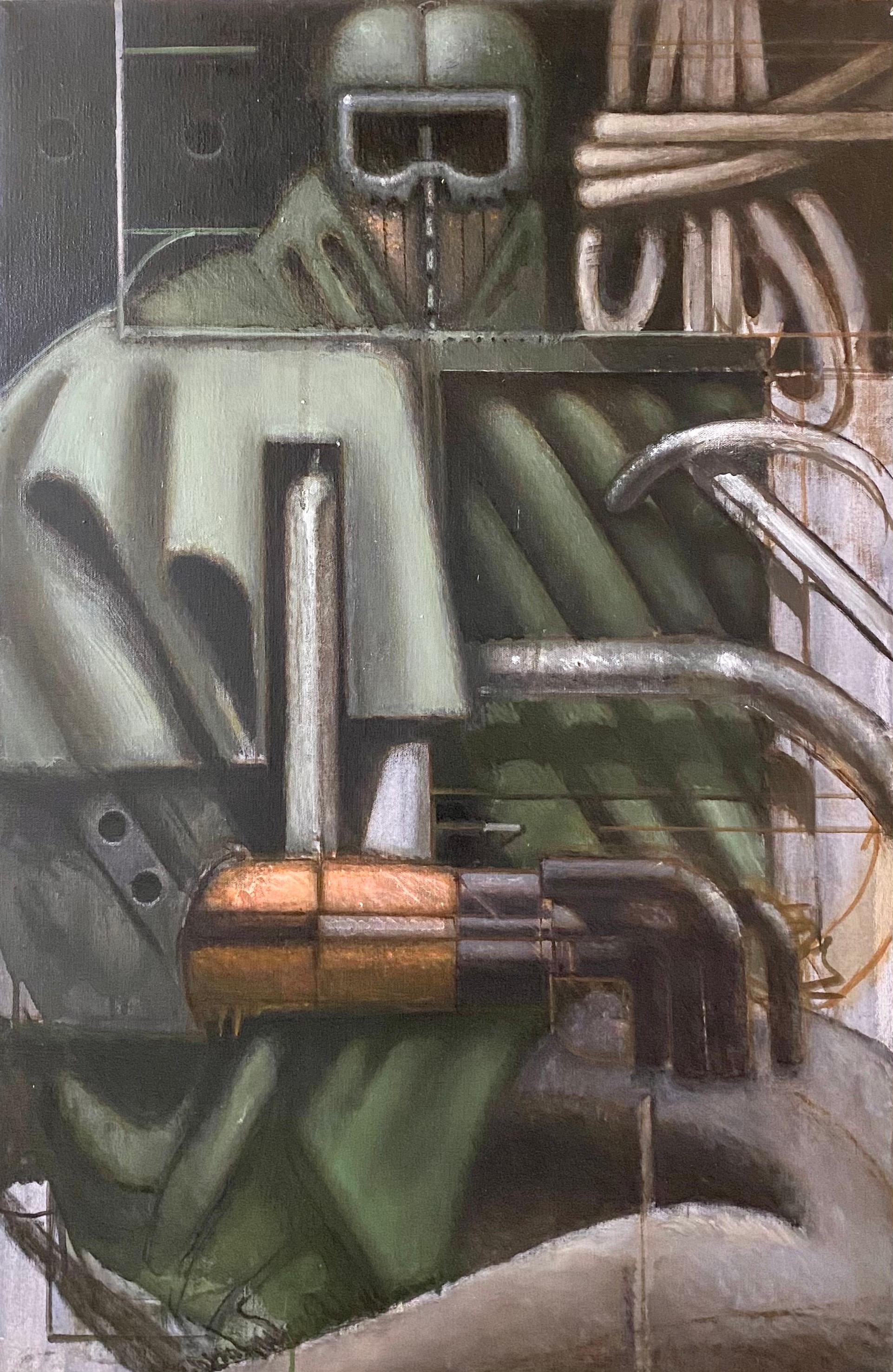 Abstract Painting Nick de Angelis - Peinture à l'huile - Collage de techniques mixtes - Art expressionniste abstrait futuriste - Art de la machine