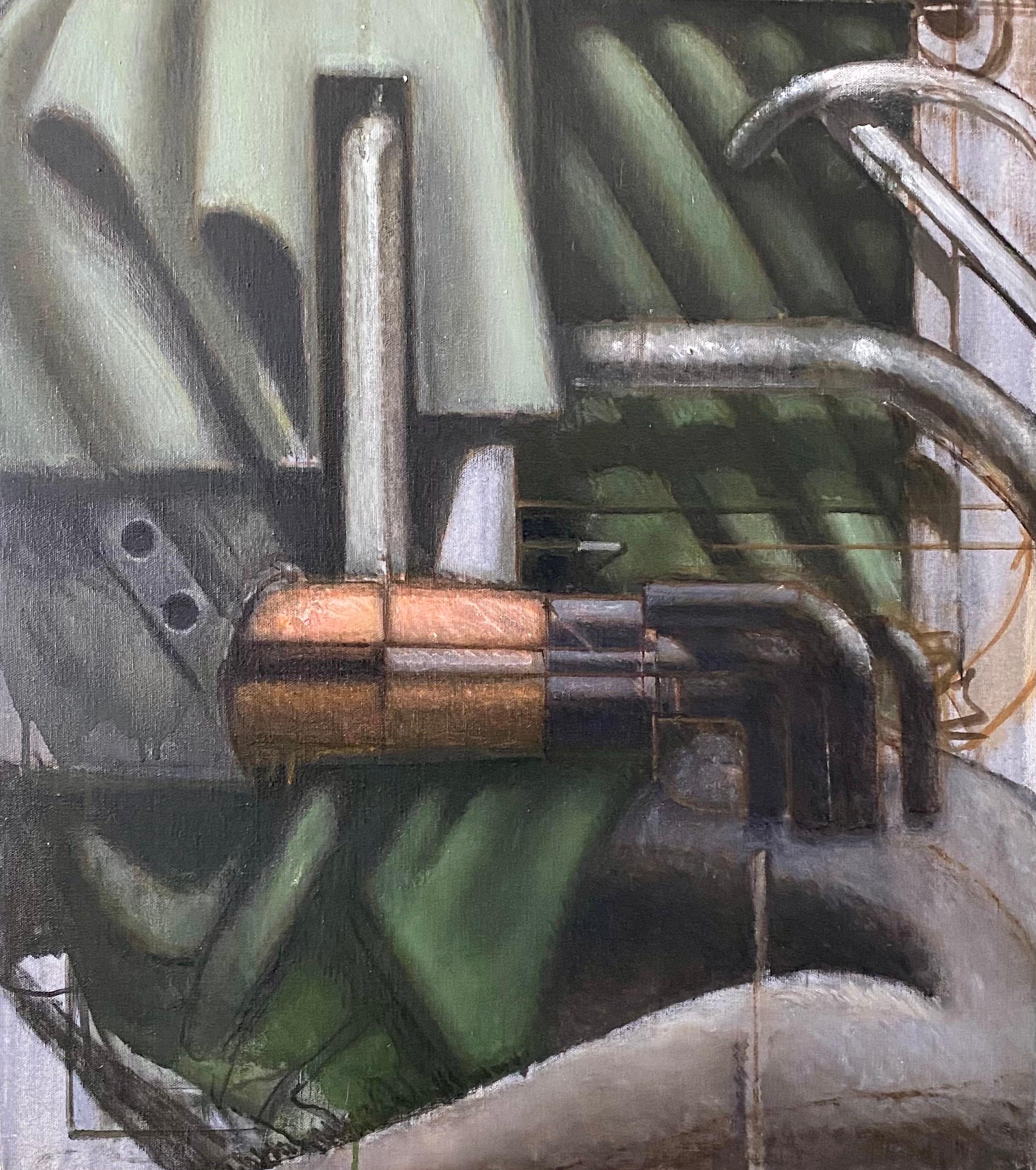 Peinture à l'huile - Collage de techniques mixtes - Art expressionniste abstrait futuriste - Art de la machine - Moderne Painting par Nick de Angelis