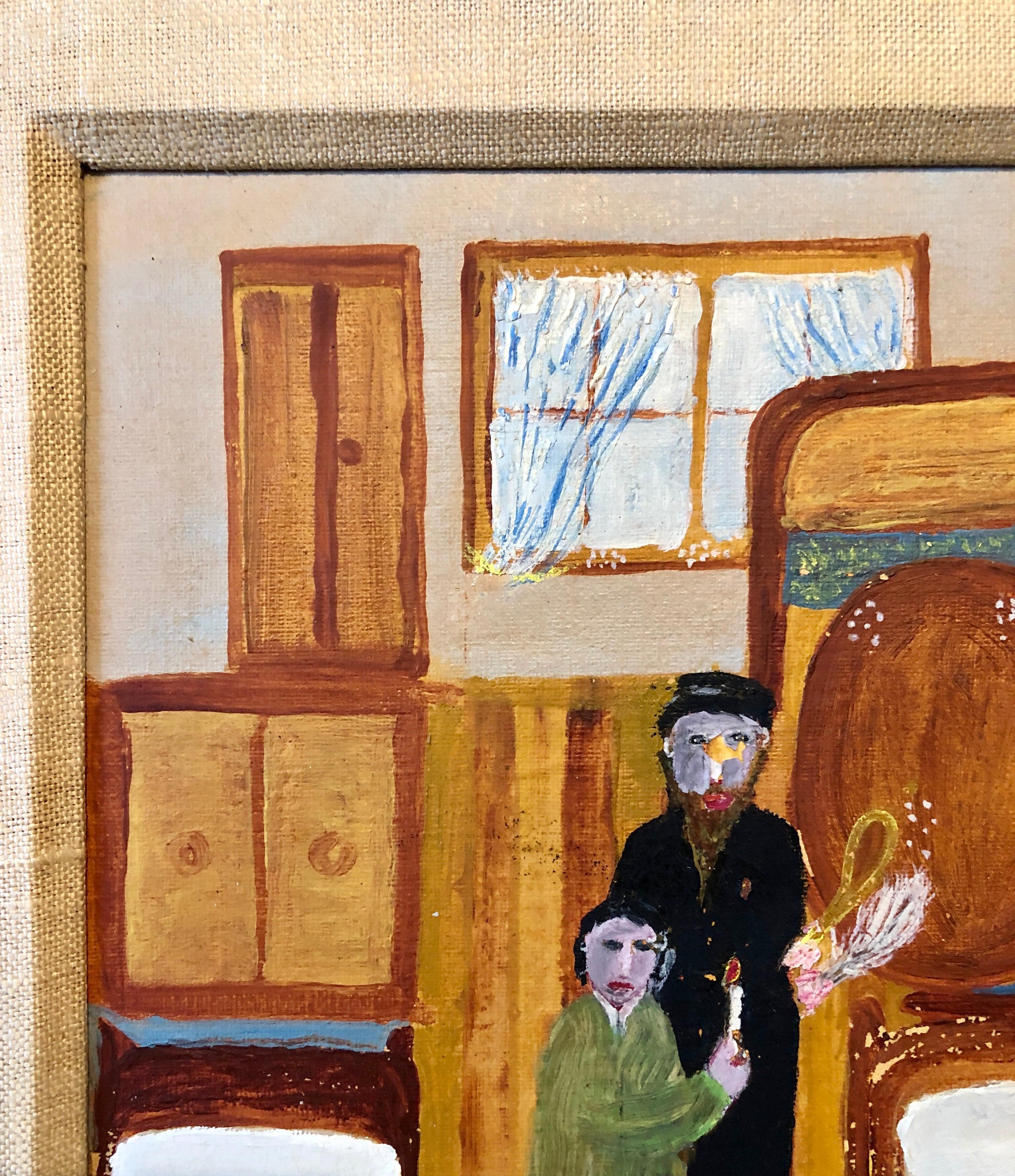 Polish Naive Oil Painting Jewish Shtetl Folk Art Passover Chametz Search Judaica 1