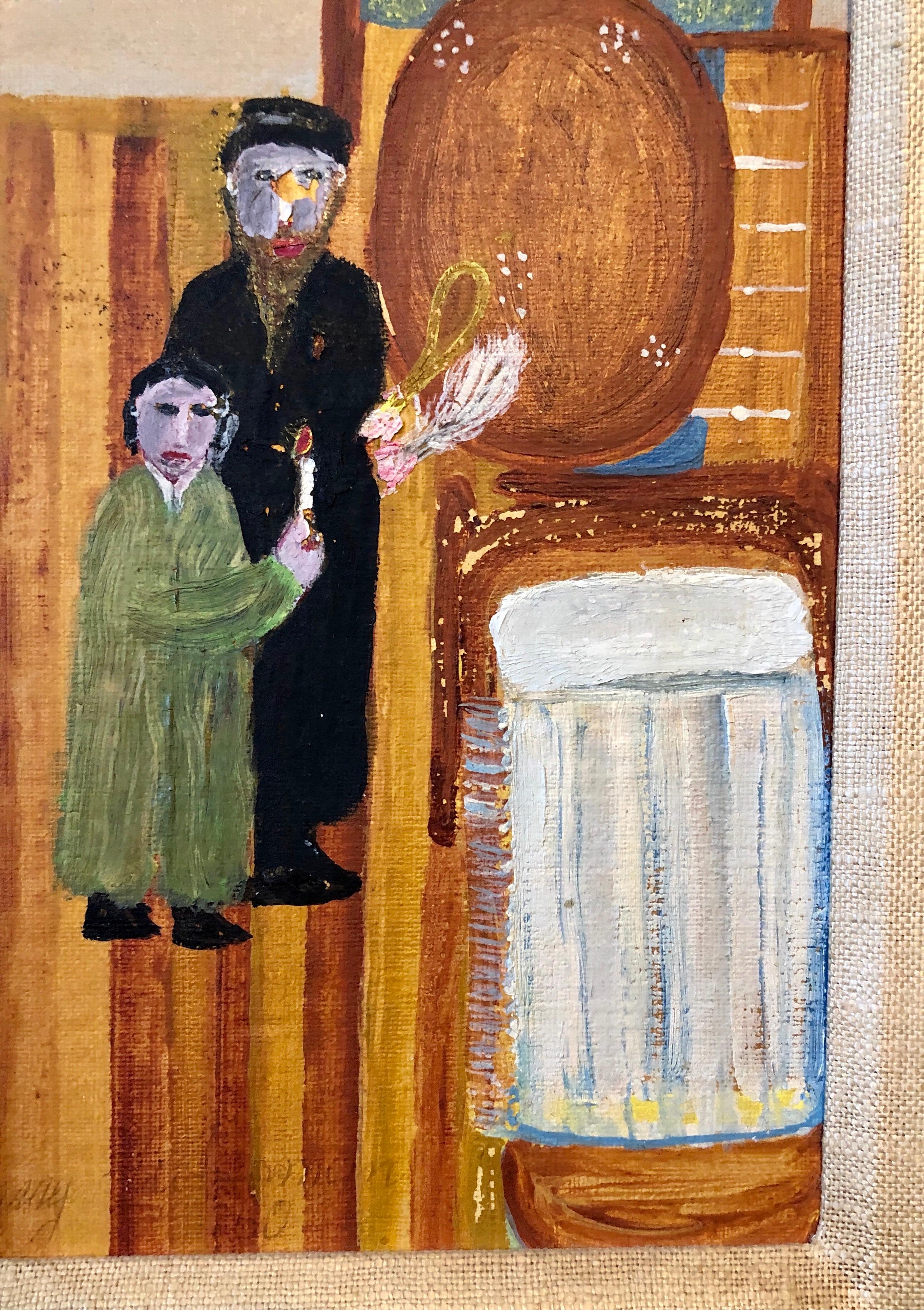 Polish Naive Oil Painting Jewish Shtetl Folk Art Passover Chametz Search Judaica 2