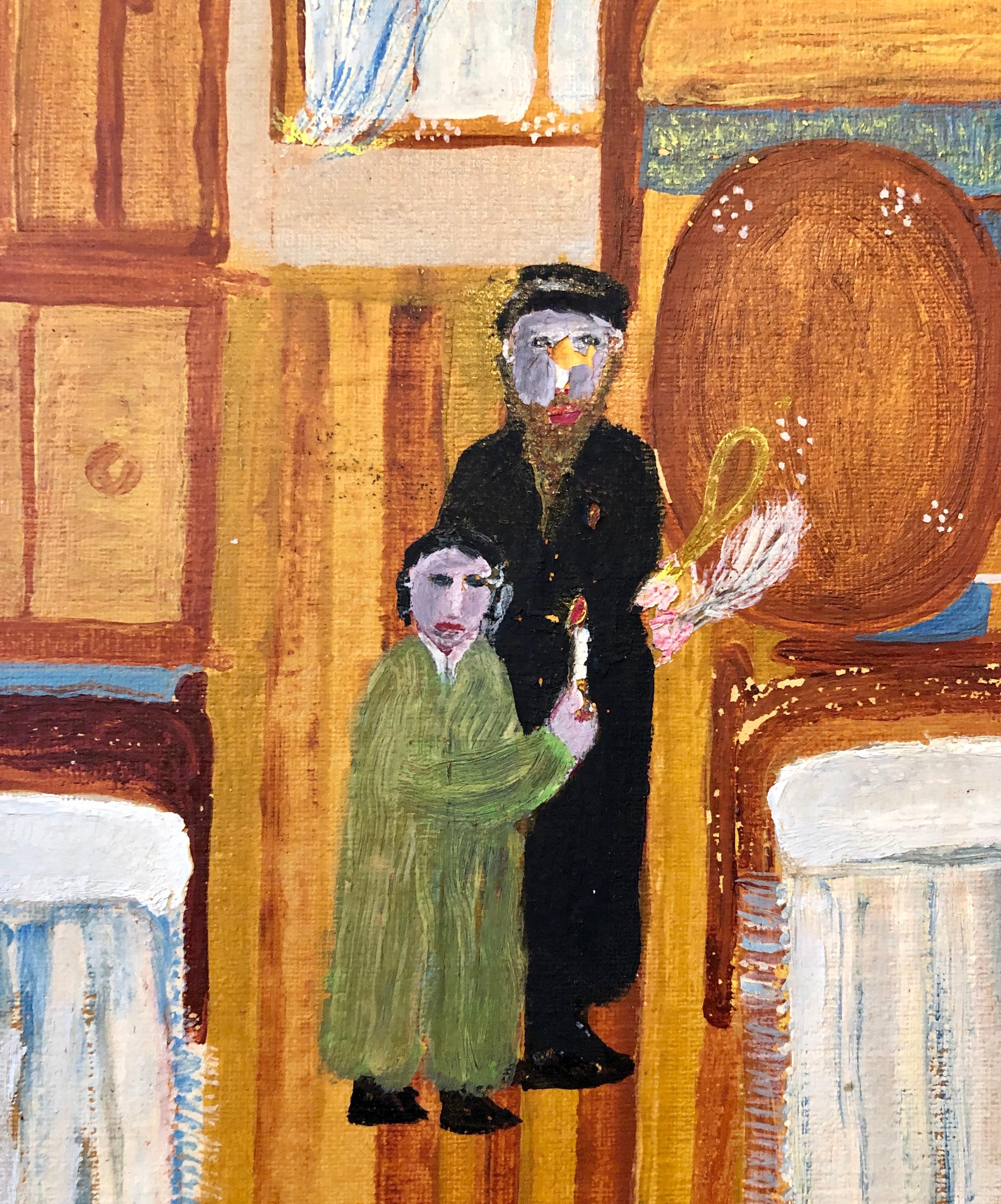 Polish Naive Oil Painting Jewish Shtetl Folk Art Passover Chametz Search Judaica 3
