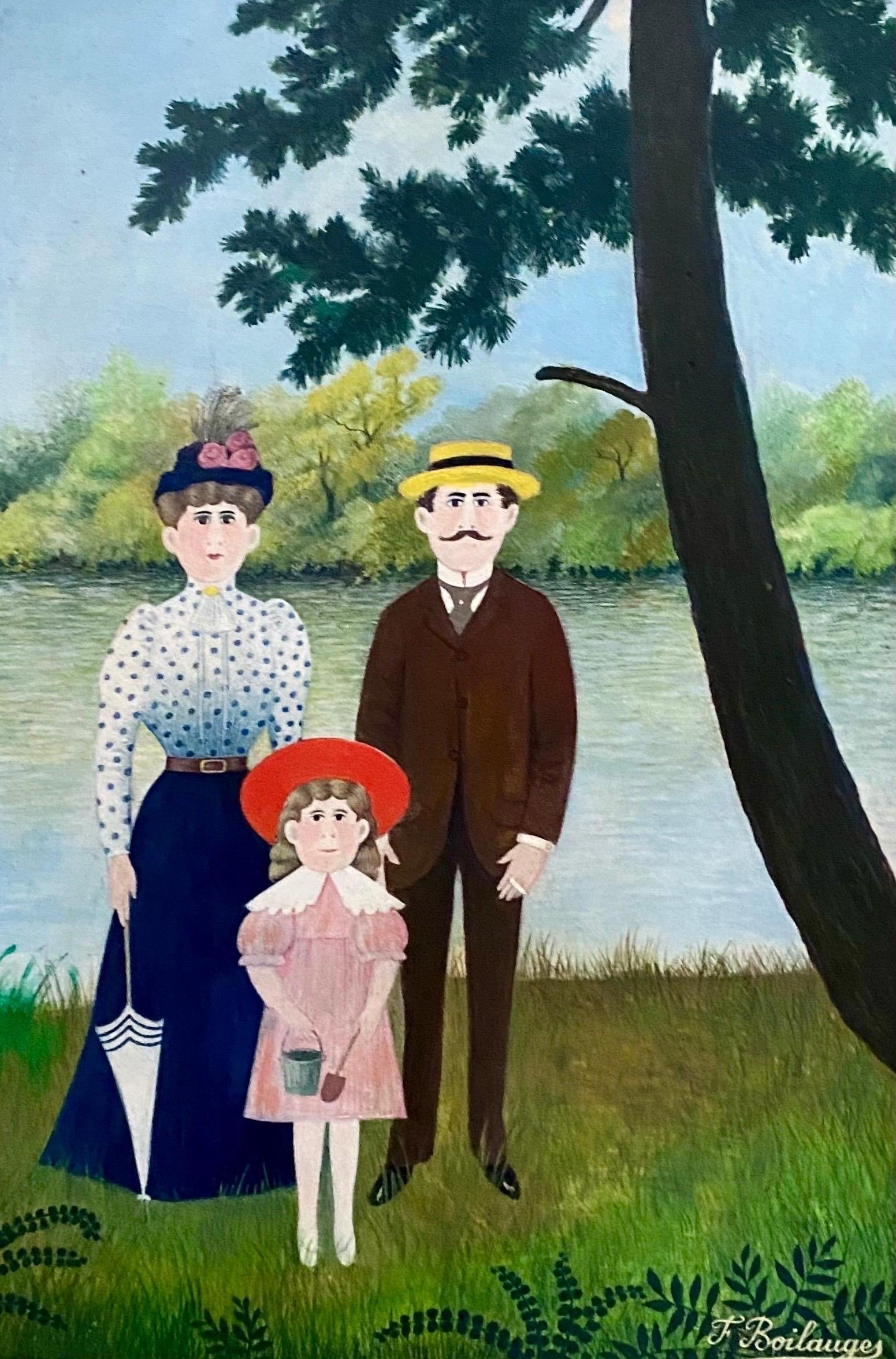 French Folk Art, Naive, Primitive, Oil Painting "Family Outing" F. Boilauges