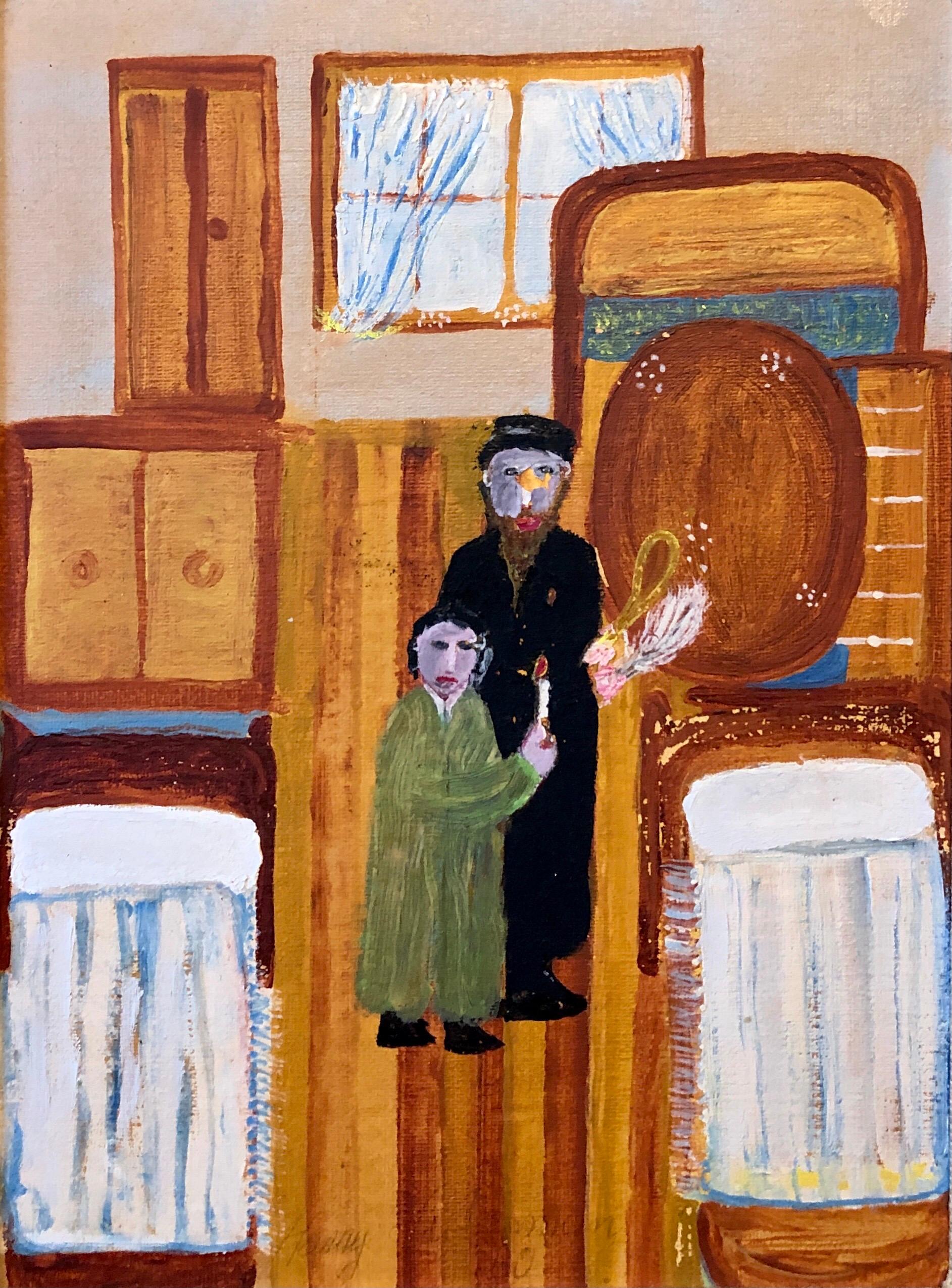 Harry Lieberman Interior Painting - Polish Naive Oil Painting Jewish Shtetl Folk Art Passover Chametz Search Judaica