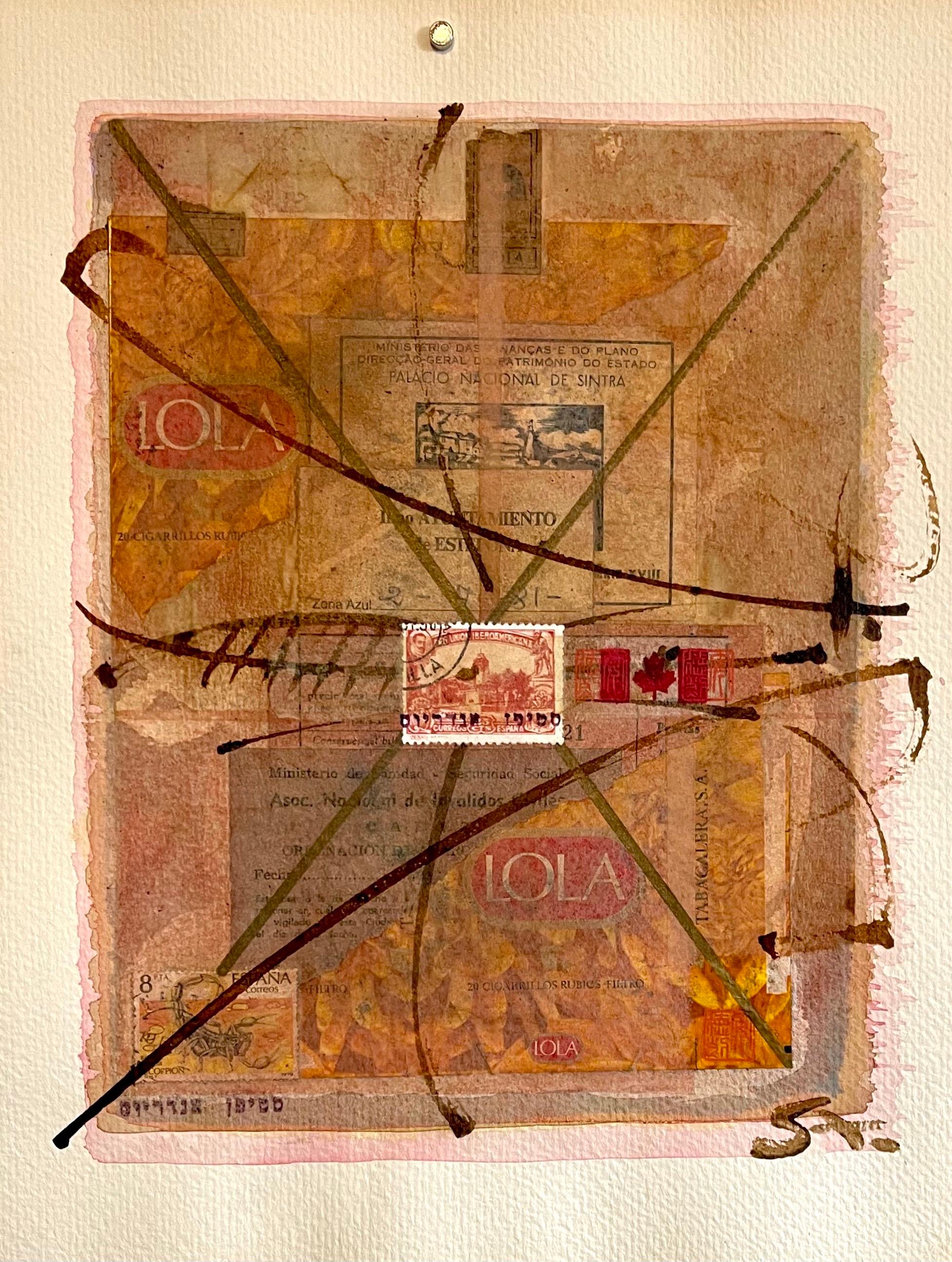 Stephen Andrews Abstract Drawing - Canadian Art Mixed Media Collage Assemblage Painting Hebrew Canada Stamp