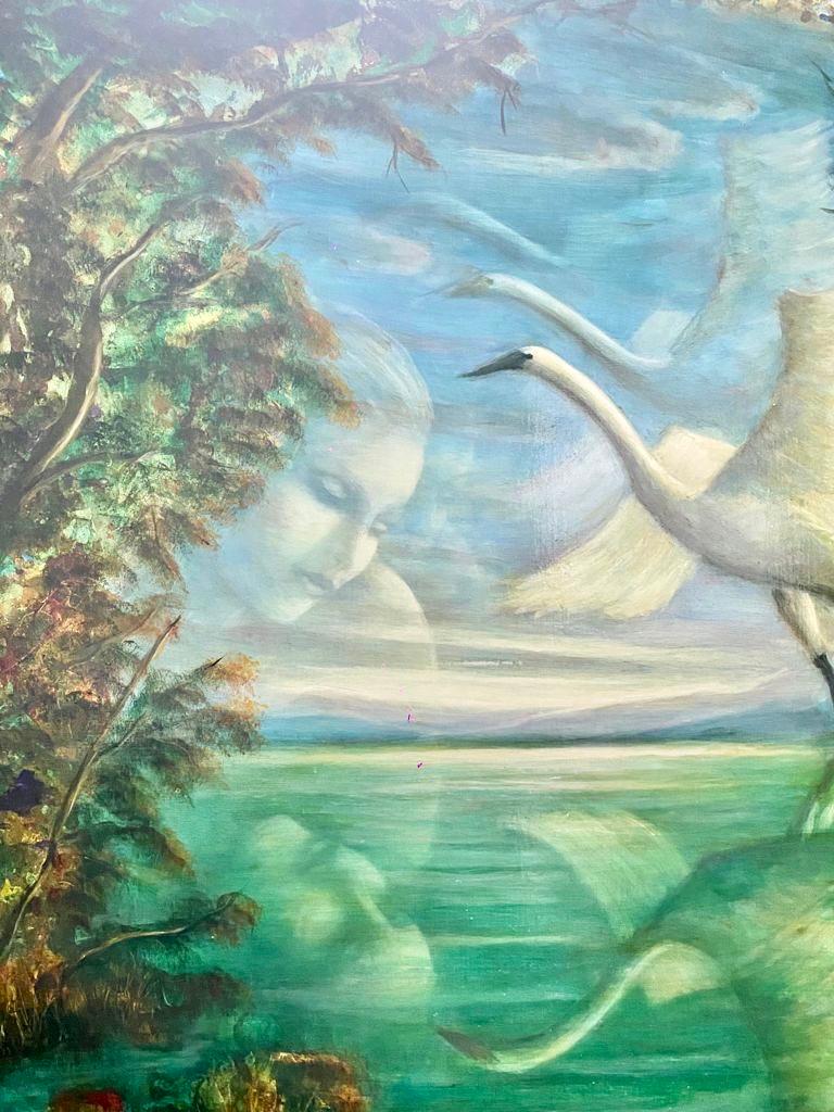 Grande peinture à l'huile russe israélienne de réalisme fantastique et surréaliste Fille au Swan - Beige Animal Painting par Rina Sutzkever