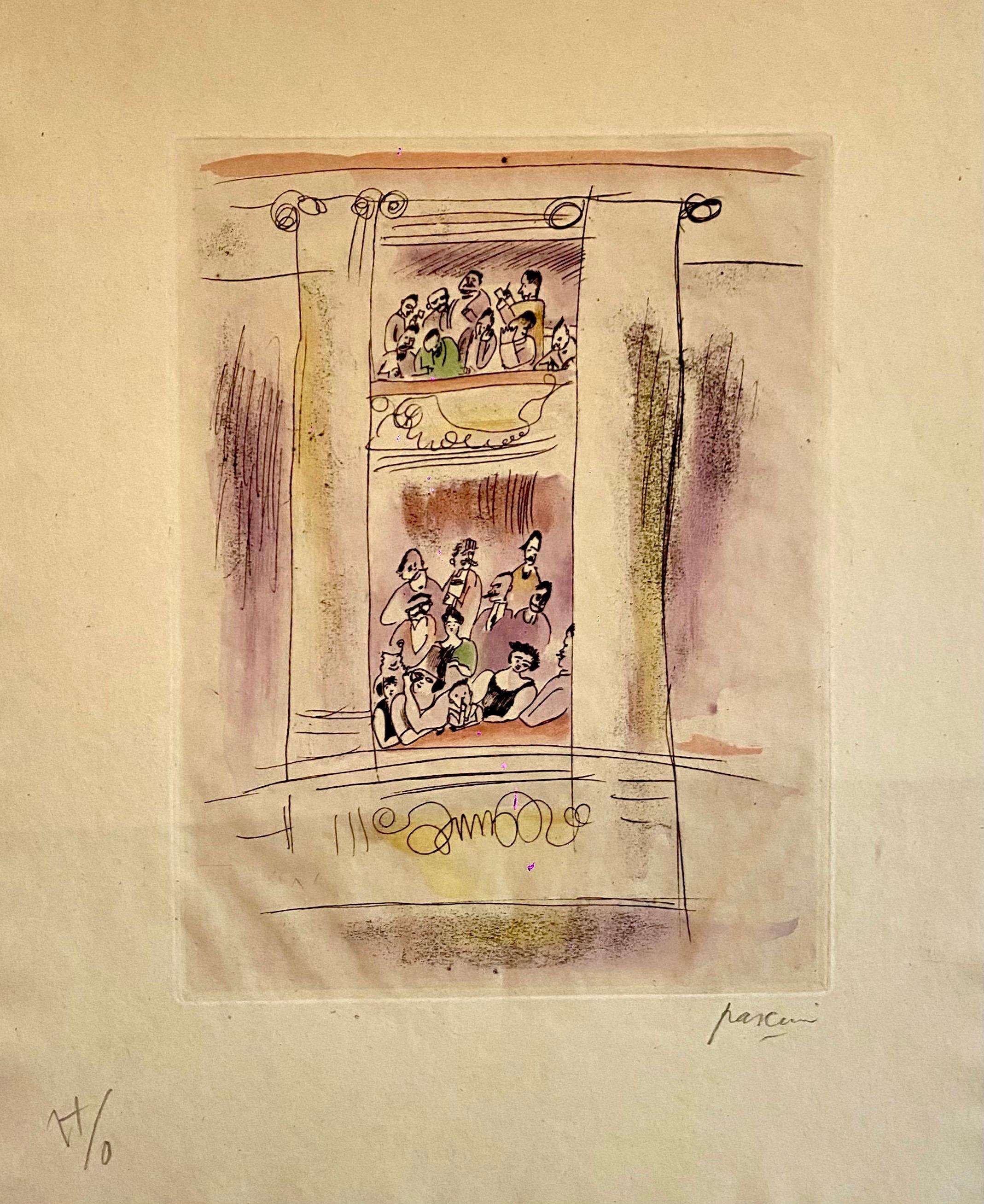 
Genre: German Expressionist
Subject: Figures in the balcony of a theatre
Medium: etching, watercolor paint
Surface: Paper
This is hand signed lower right. there does not seem to be an edition size.
sheet measures 13 X 10. plate size about 9 x