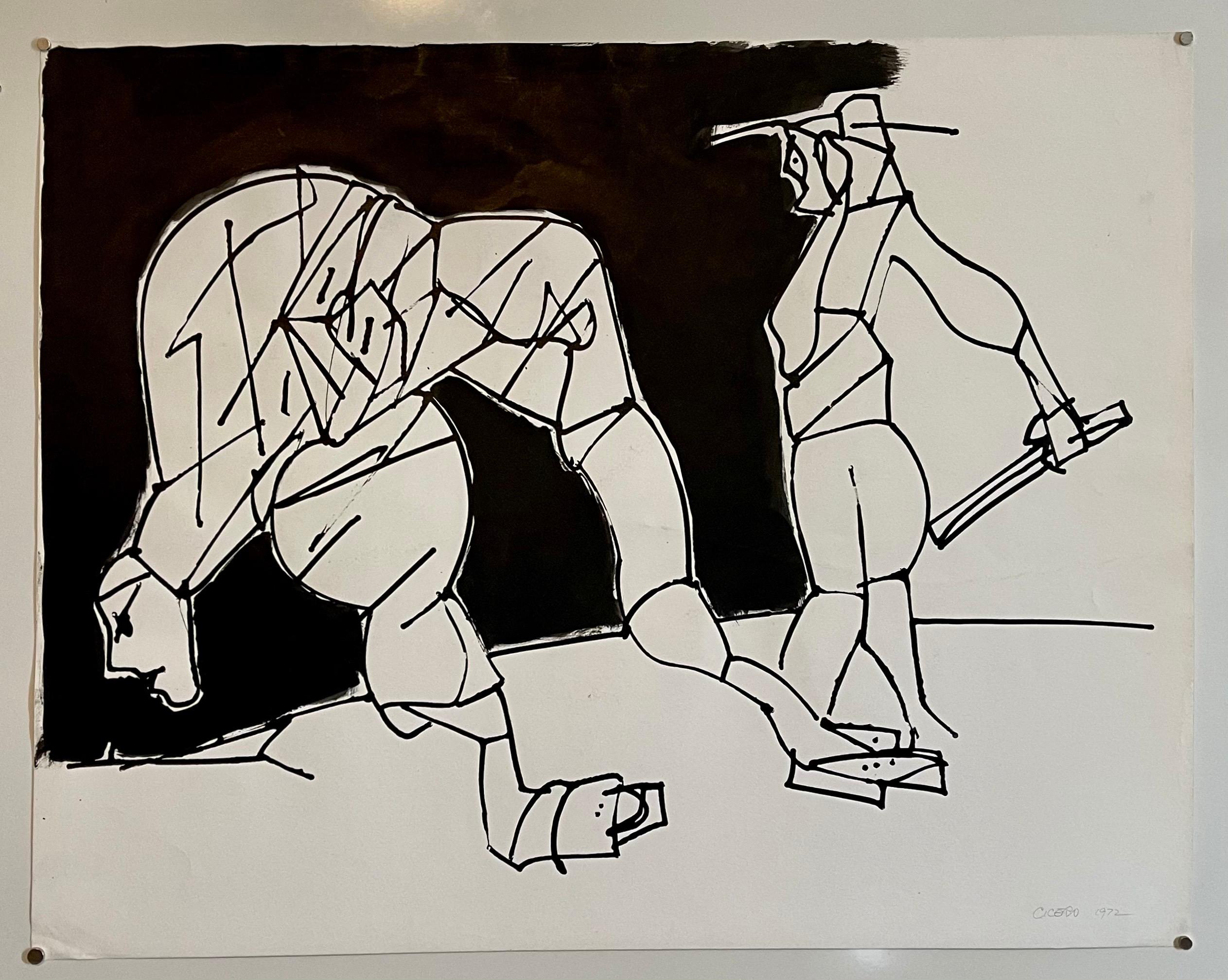 This is a stylized figurative abstract expressionist nude. This one is hand signed and dated.
From the style we are estimating it to the 1970's
They have abstract stylized erotic male and female nude elements to them.

Carmen Louis Cicero (born
