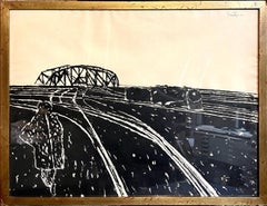 Peinture à l'encre:: dessin à l'encre:: lignes de train:: réaliste sociale:: artiste de la WPA Gregorio Prestopino