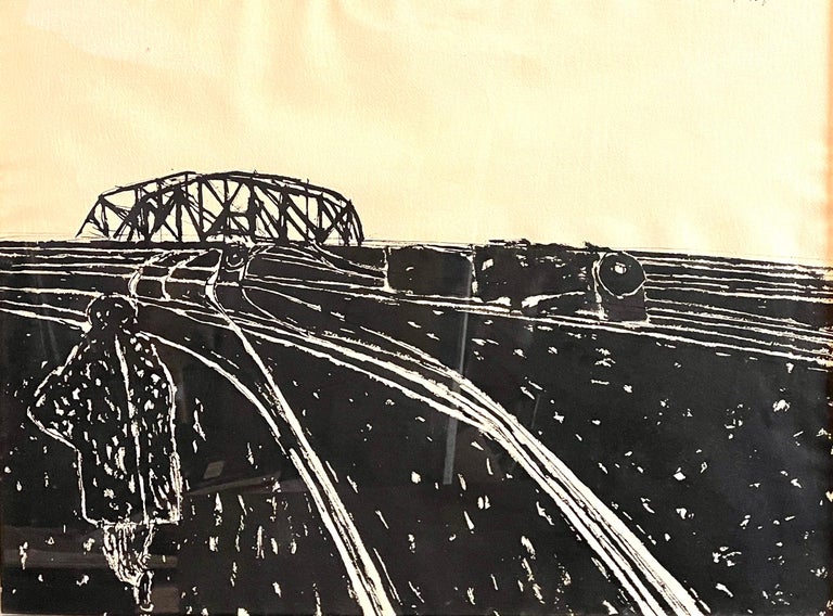 Gregorio Prestopino (1907–1984) Italian American artist. New York Figurative Expressionism.
Ink on paper depicting a lone figure in the foreground walking near trains lines with a train trestle / bridge in the background, Hand signed in ink to upper