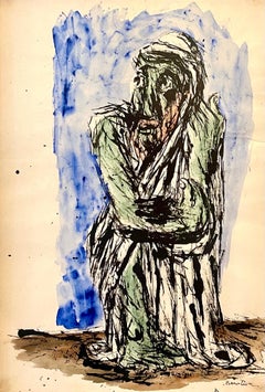 Abstract Expressionist Rabbi Watercolor Painting Jewish American Modernist WPA