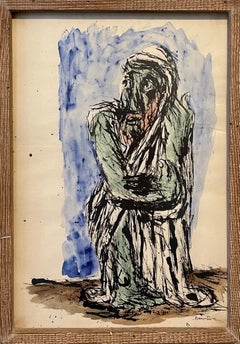 Used Abstract Expressionist Rabbi Watercolor Painting Jewish American Modernist WPA