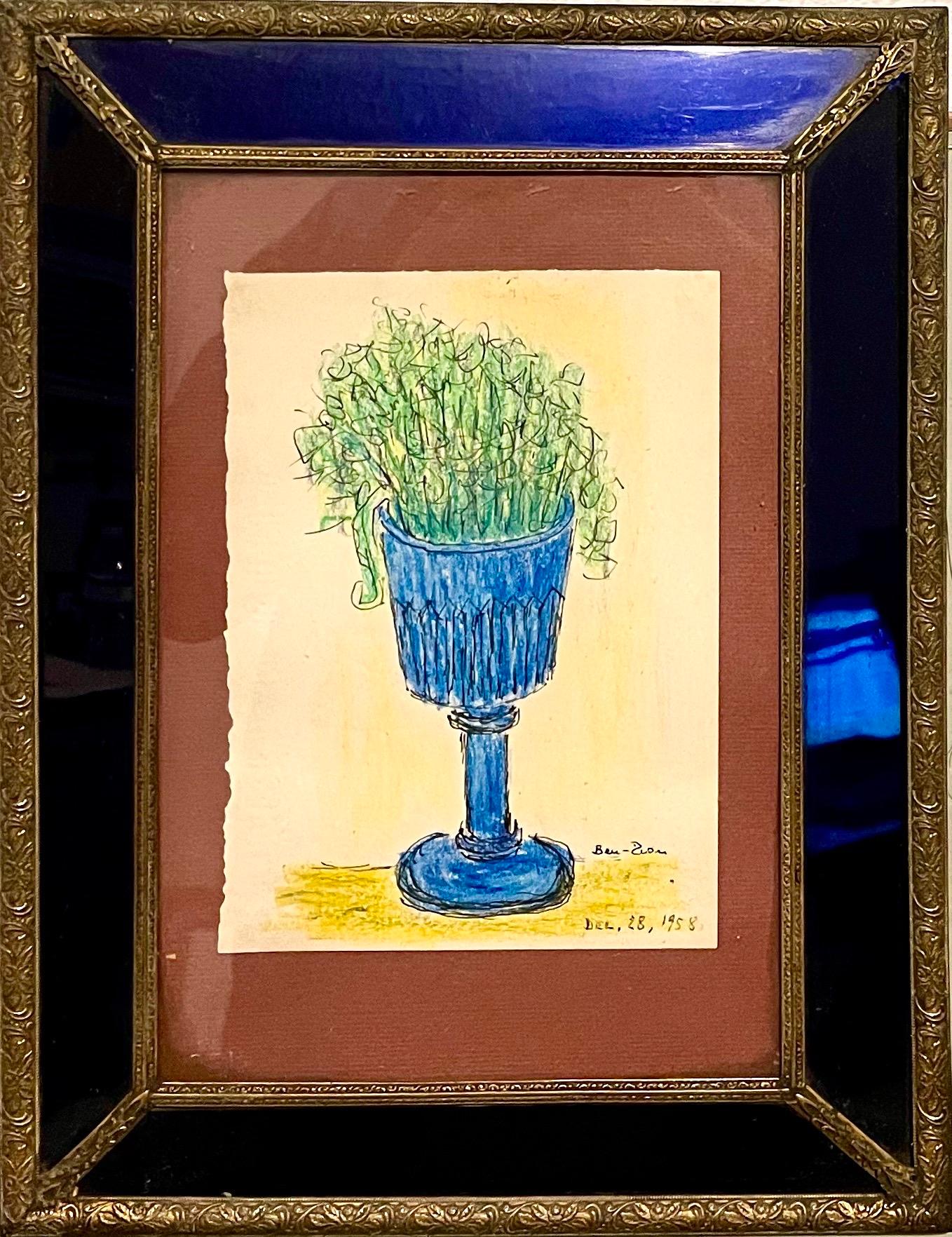 Ben-Zion Weinman Still-Life – Expressionistische Farbzeichnung Kobaltglas Vintage-Rahmen Modernistischer Ben Zion WPA Vintage-Rahmen