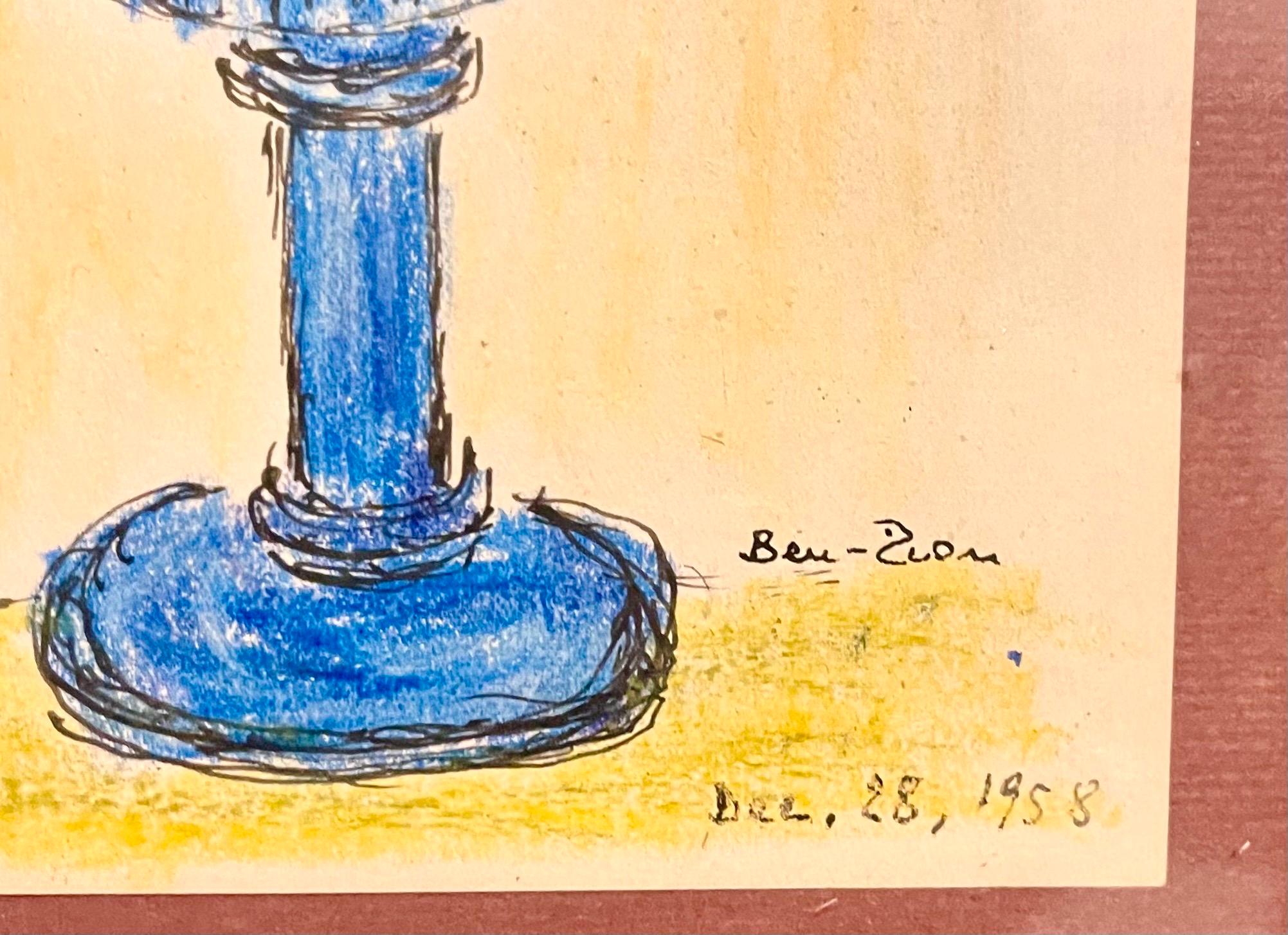 Expressionistische Tusche- und Pastellkreidezeichnung von Blumen in einer Vase. 
Gerahmt in einem kobaltblauen Originalrahmen aus Glas
Handsigniert und datiert
Gerahmt misst es 13,5 x 10,5
Das Papier ist 7,5 x 5,5 cm groß.

Der 1897 geborene