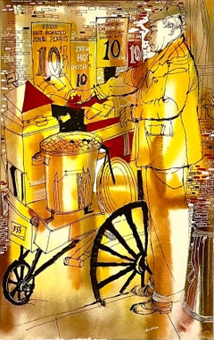 New York City Roasted Chestnut Seller, Hot Peanuts Watercolor Painting Cartoon