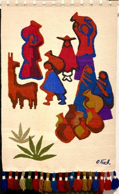 Vintage Handwoven Tapestry Wool Folk Art Rug Weaving Wall Hanging Olga Fisch