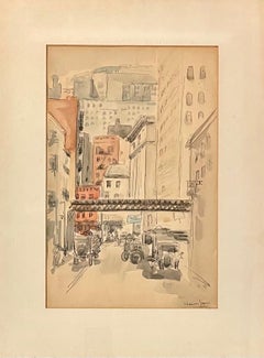 Rare Chaim Gross Watercolor Painting Manhattan Skyscrapers Train NYC WPA Artist