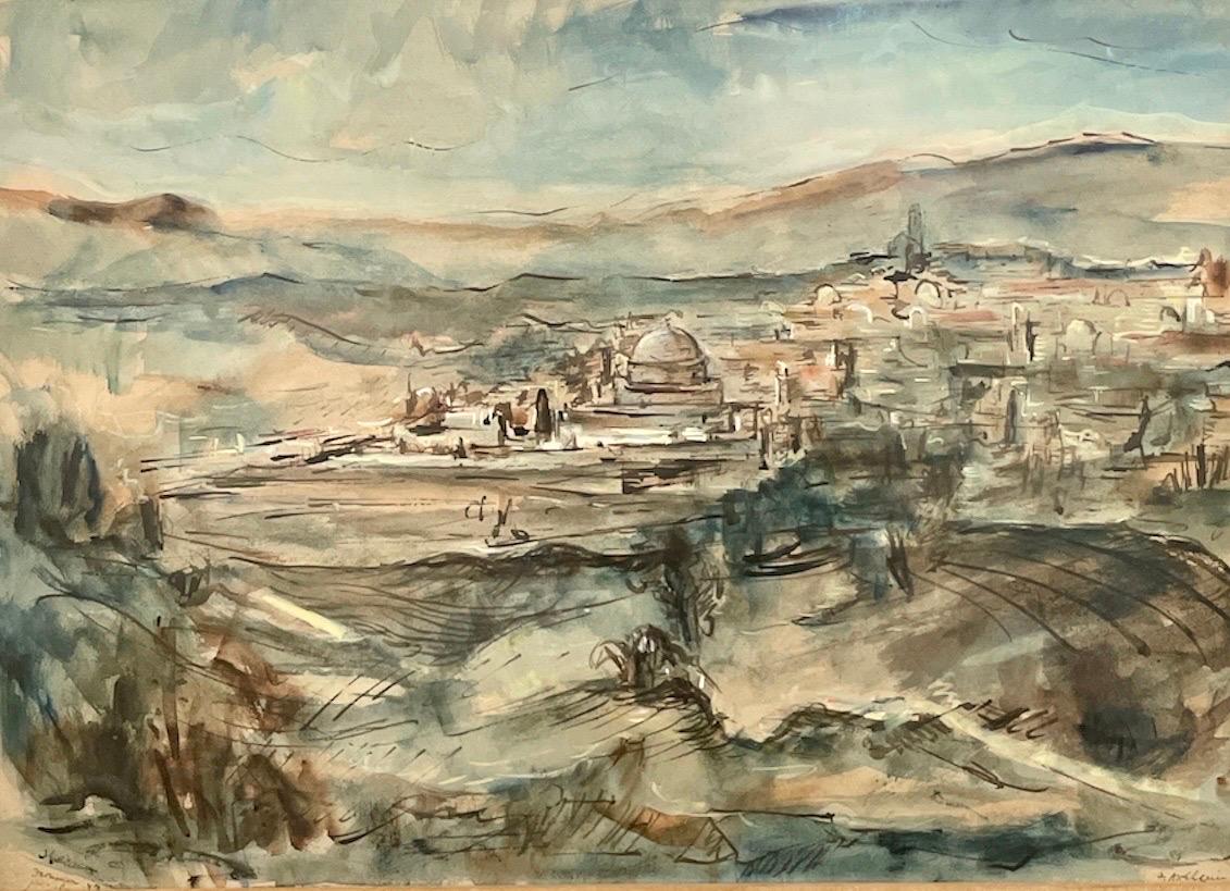 Isidor Ascheim Landscape Art - German Expressionist Watercolor Painting Jerusalem Landscape Bezalel Israeli Art