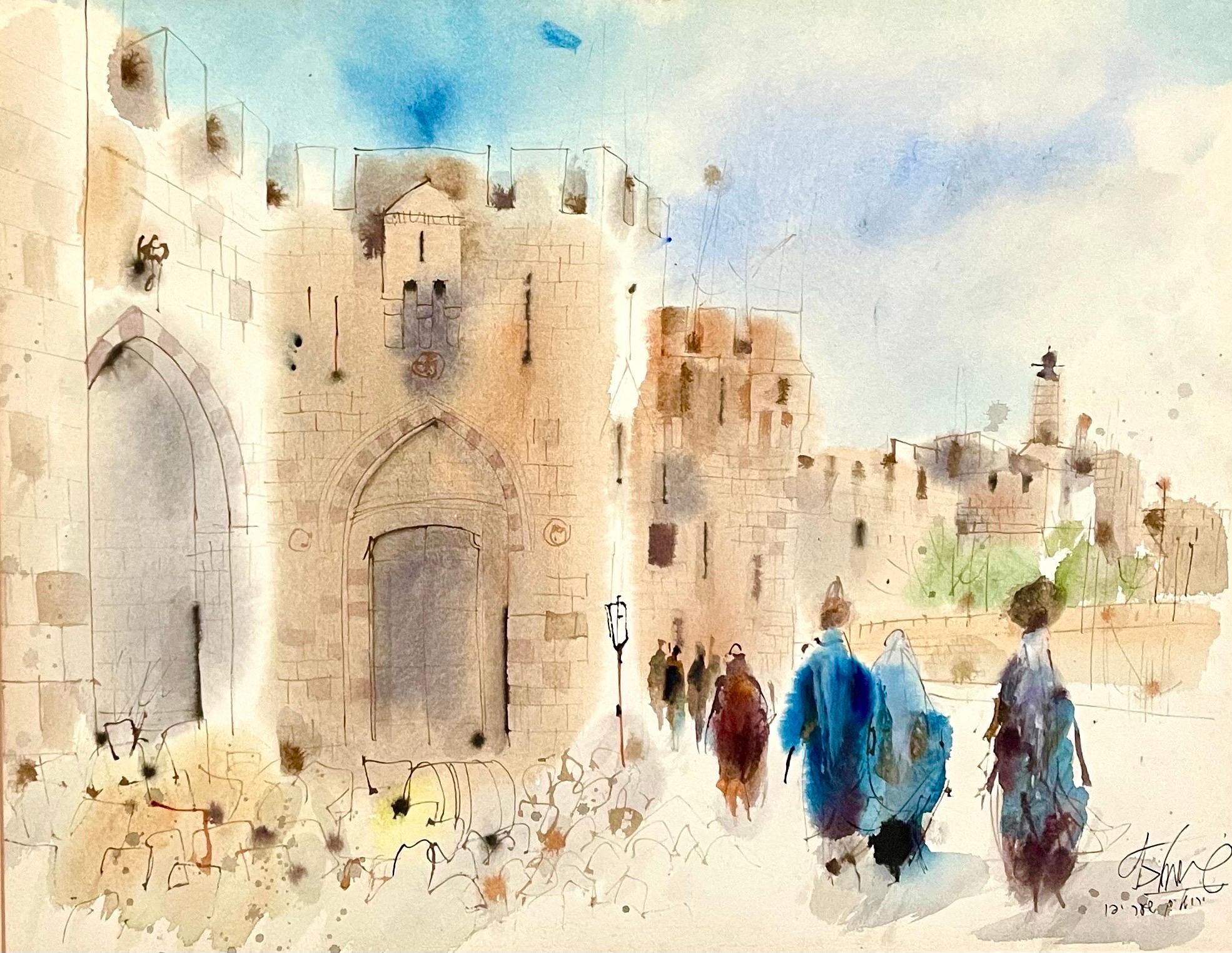 Shmuel Katz Landscape Art - Jaffa Gate Jerusalem Original Israeli Judaica Watercolor Painting Bezalel School