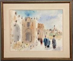Jaffa Gate Jerusalem Original Israeli Judaica Watercolor Painting Bezalel School