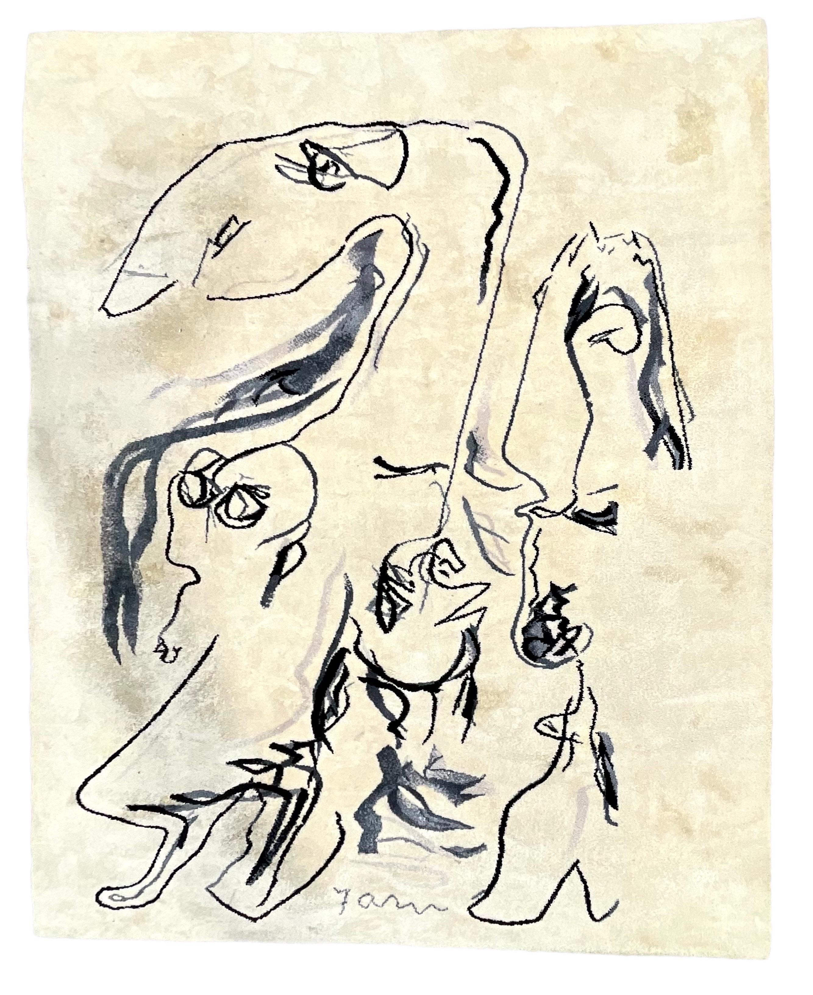 Asger Jorn (1914-1973)
Ege Axminster, Dinamarca. Alfombra danesa Art Line 
Etiquette de l'éditeur Ege Axminster (Danemark) titrée au revers. 
Los Emigrantes 
132 x 98 pulgadas, 
Pura lana virgen en blanco, gris, azul y negro. 
Firmado Jorn en la
