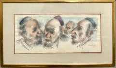 Chaim Gross Mid Century Mod Judaica Jewish Watercolor Painting Rabbis WPA Artist