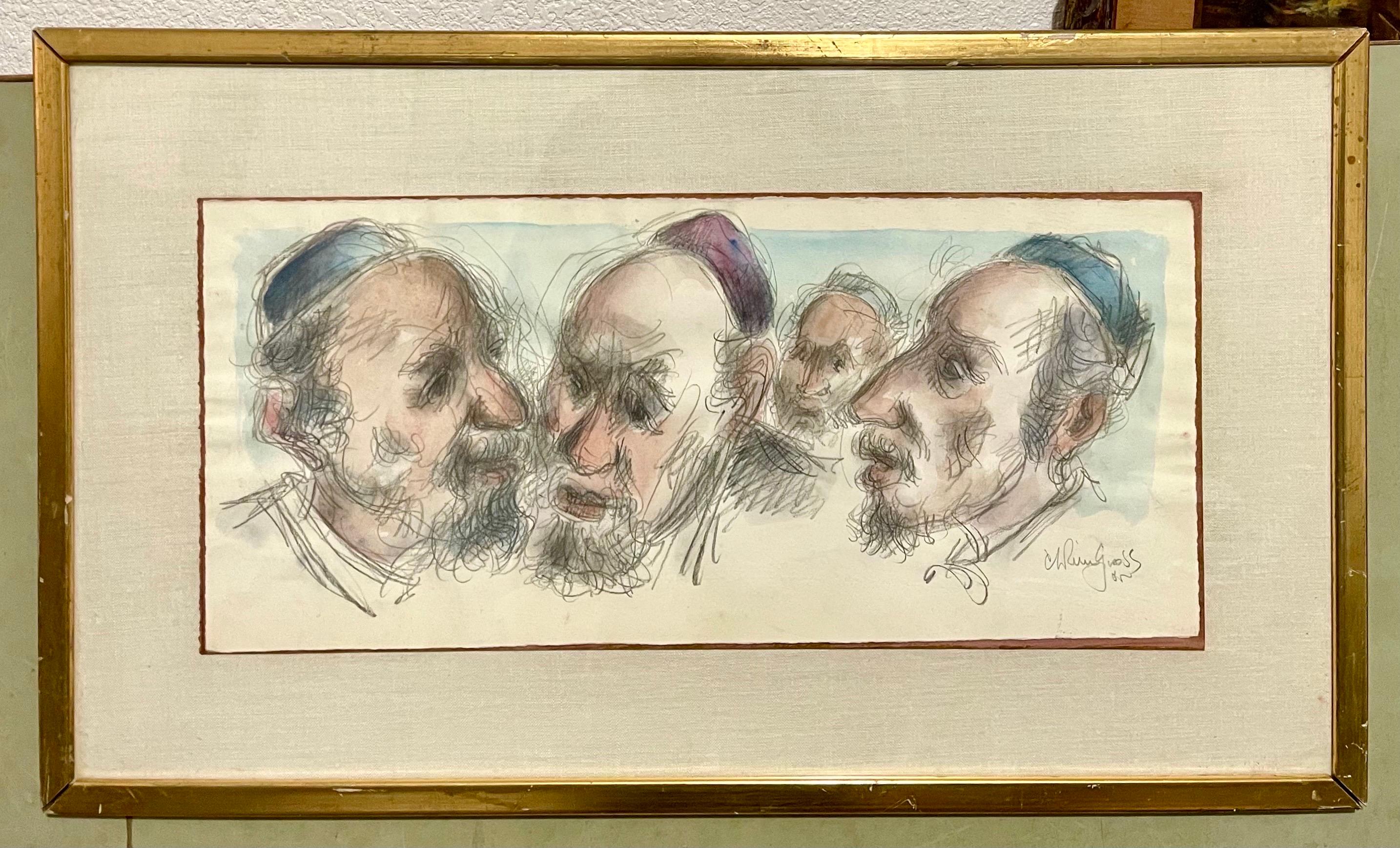 Chaim Gross Mid Century Mod Judaica Jewish Watercolor Painting Rabbis WPA Artist For Sale 1