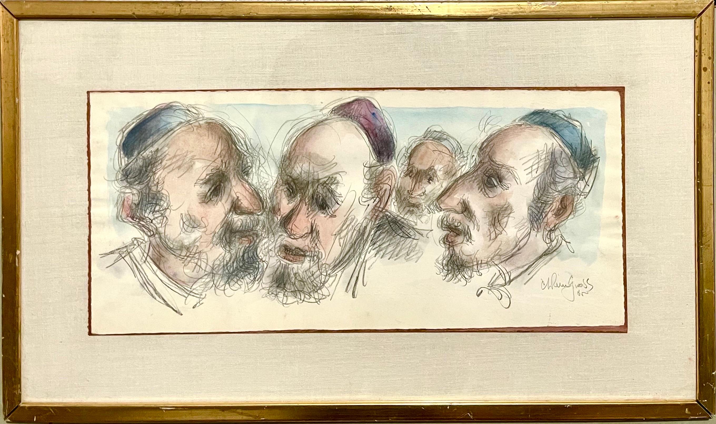 Chaim Gross Mid Century Mod Judaica Jewish Watercolor Painting Rabbis WPA Artist For Sale 2