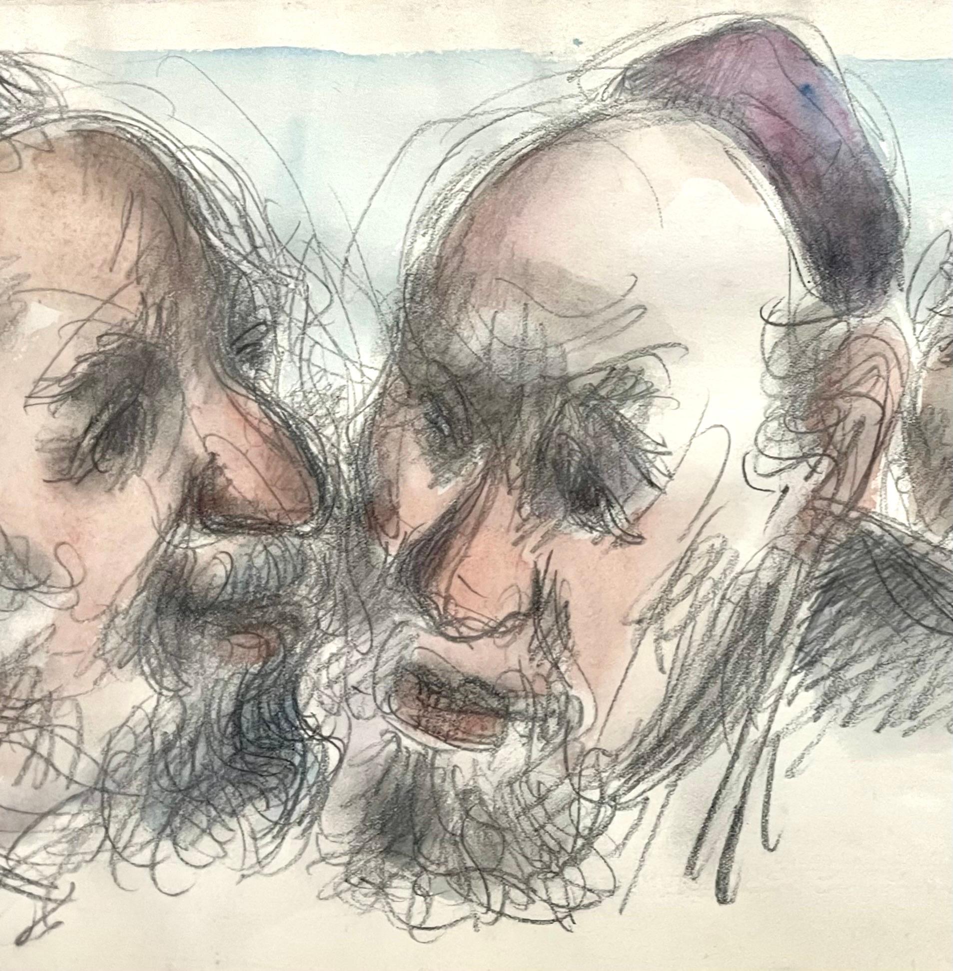 Chaim Gross Mid Century Mod Judaica Jewish Watercolor Painting Rabbis WPA Artist For Sale 3