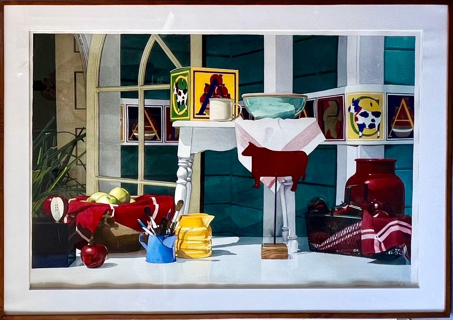 Michael Beck Figurative Painting - Large Photo Realist Pop Art Watercolor Painting Children's Toys Teddy Bear Block