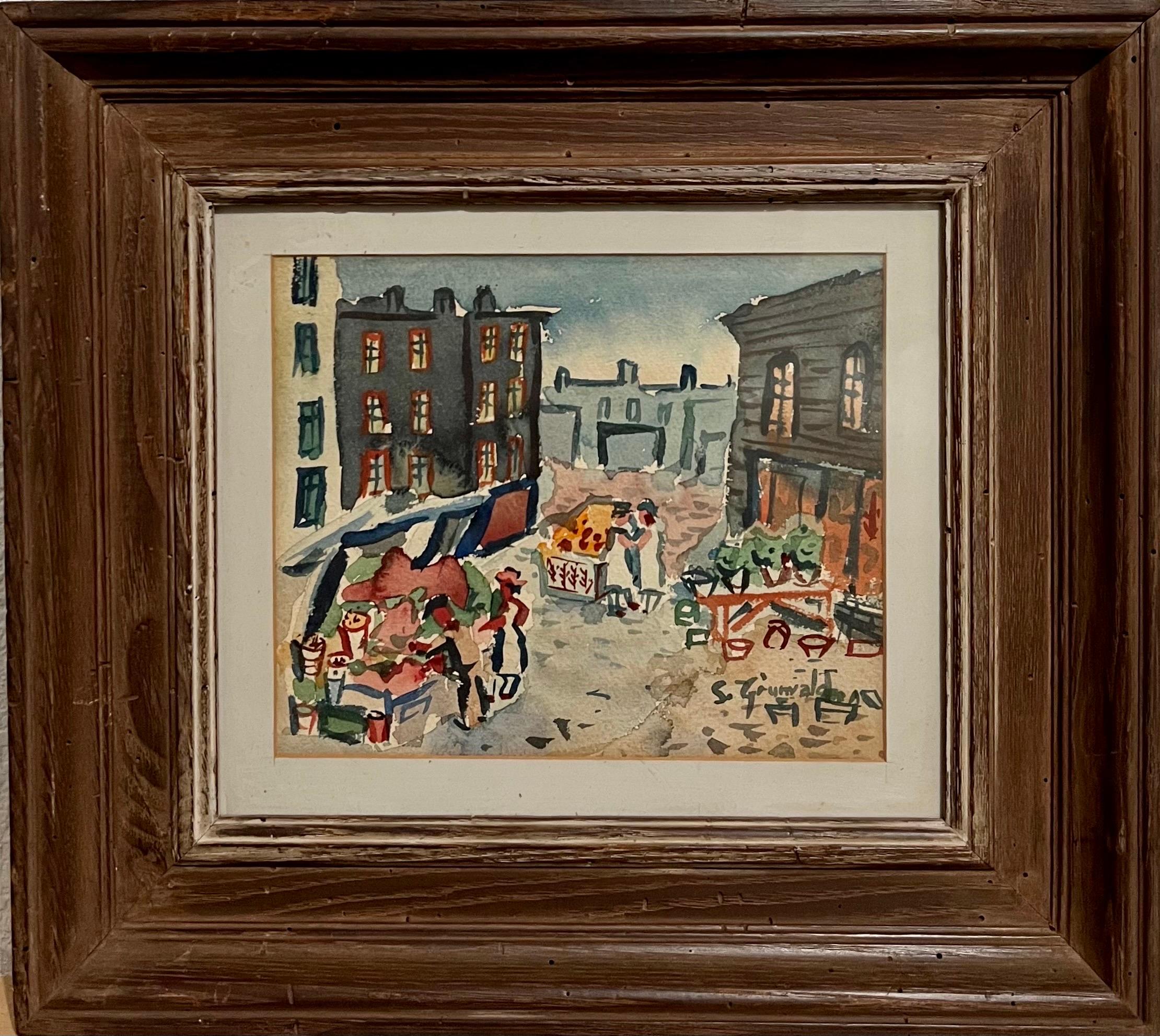 1940's American WPA Modernist New York City Watercolor Painting Tenement Market  - Art by Samuel Grunvald