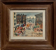1940's American WPA Modernist New York City Watercolor Painting Tenement Market