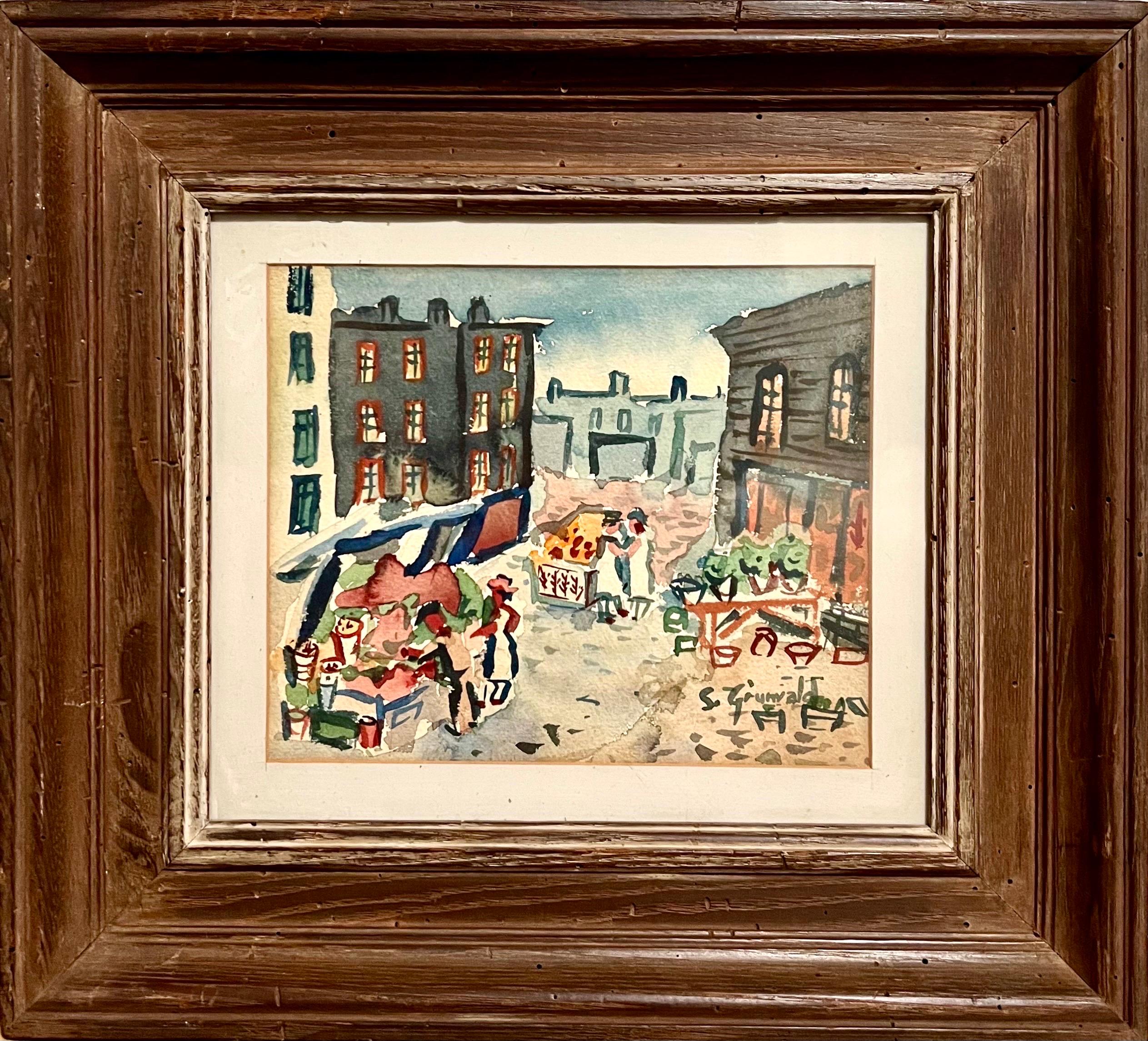 Samuel Grunvald Figurative Art - 1940's American WPA Modernist New York City Watercolor Painting Tenement Market 
