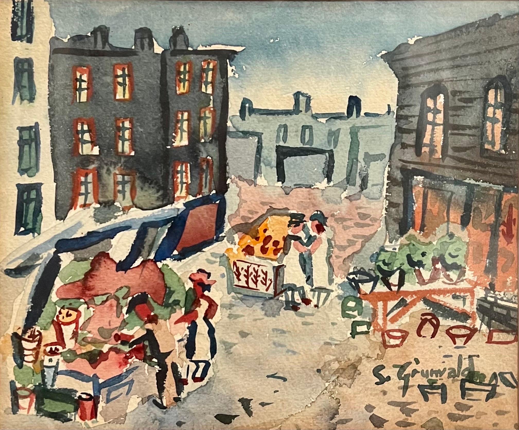 Amerikanisches WPA-Modernistisches New Yorker Aquarellgemlde, Tenement Market, 1940er Jahre  (Moderne), Art, von Samuel Grunvald