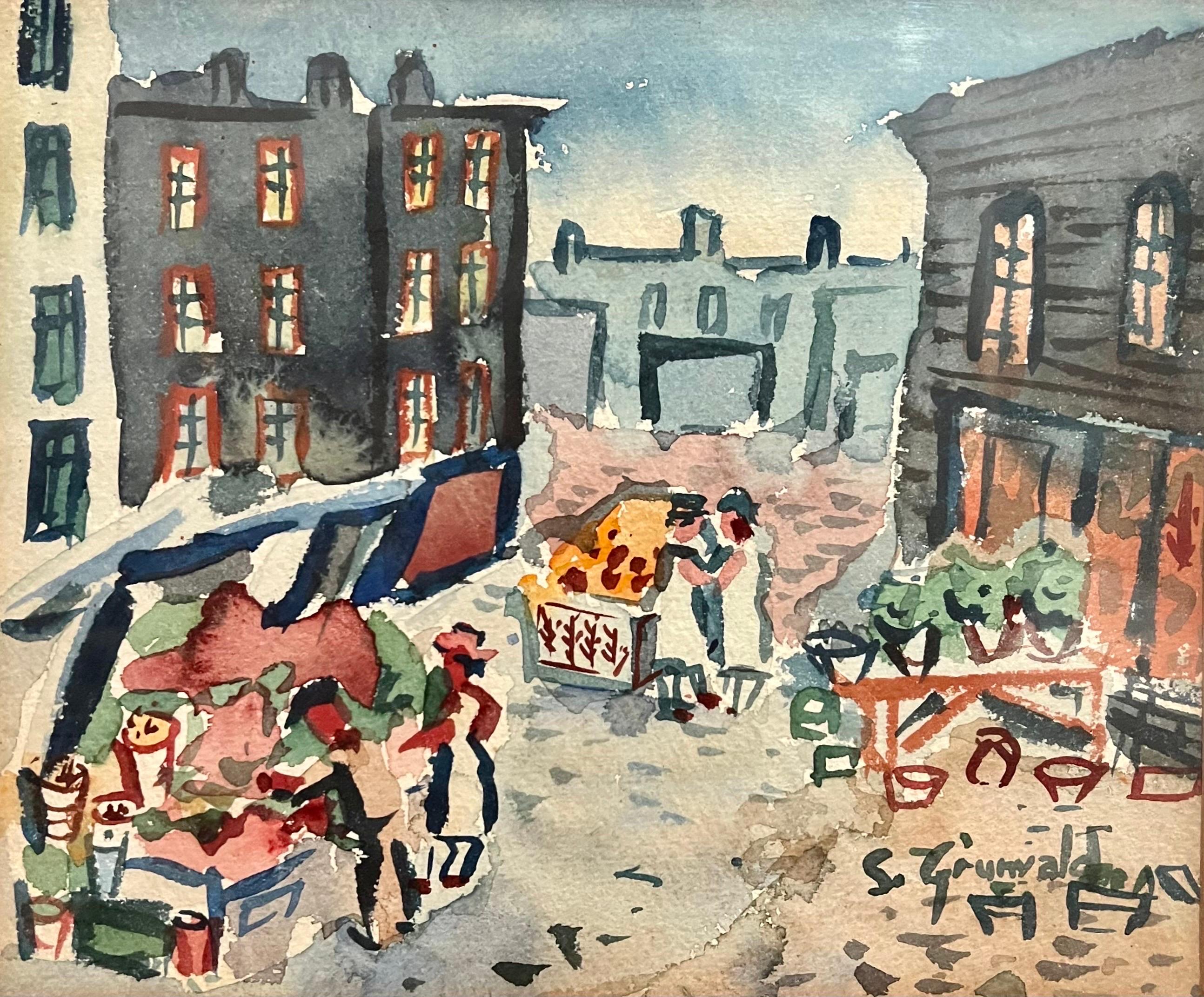 Der Markt,  (fauvistisches Gemälde einer NYC-Szene) 1940er Jahre.
Bild ist  10X 11,5 Zoll. Handsigniert unten rechts
Lower East Side Mietskasernen Schubkarrenmarkt

Samuel Grunvald war ein in Ungarn geborener amerikanischer WPA-Künstler, der für