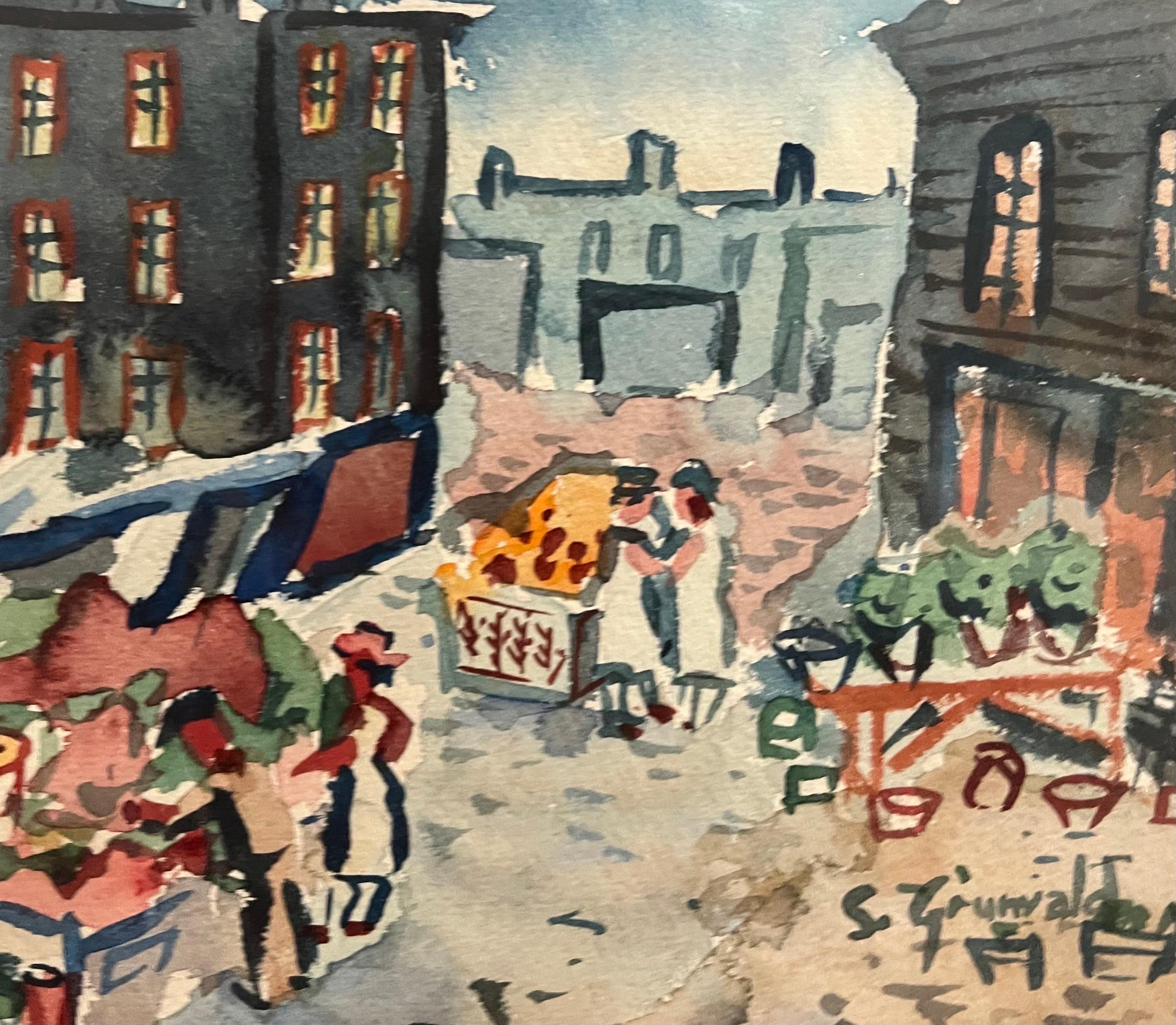 1940's American WPA Modernist New York City Watercolor Painting Tenement Market  For Sale 1