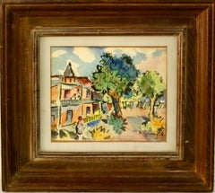 1940's Americana WPA Modernist Watercolor Painting Catskill Mountains Bungalow