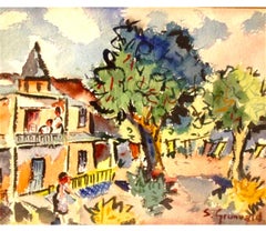 1940's Americana WPA Modernist Watercolor Painting Catskill Mountains Bungalow