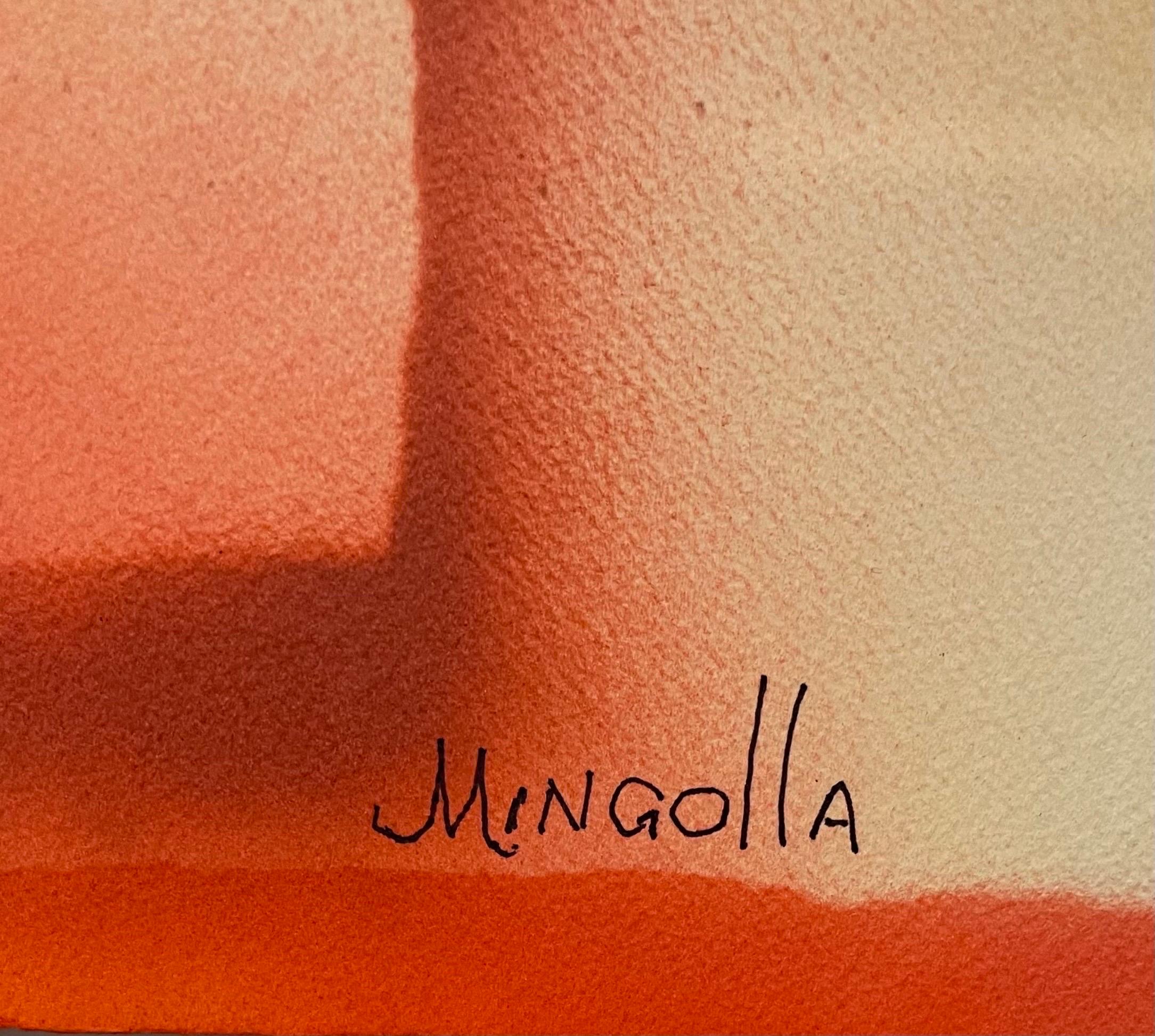 
Dominic Mingolla (1922 - 1999)  Mingolla a créé des peintures dans de nombreux matériaux et genres différents.  Il est surtout connu pour ses grandes aquarelles expressionnistes abstraites, d'un style similaire à celui de Paul Jenkins, et pour son